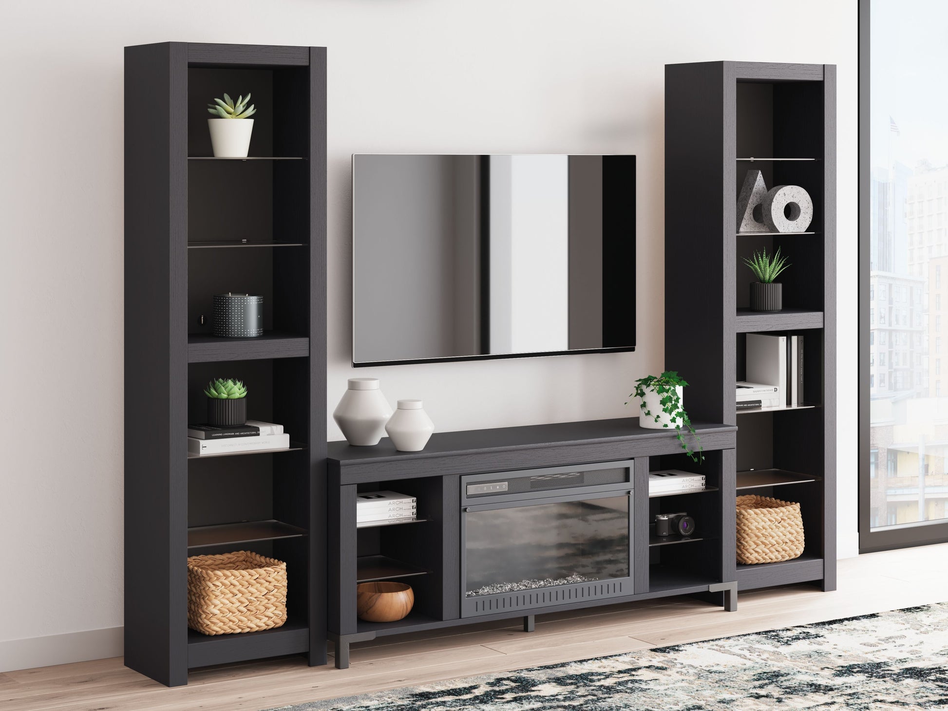 Signature Design by Ashley® Cayberry - Black - 3-Piece Entertainment Center With Electric Fireplace | Meri Furniture