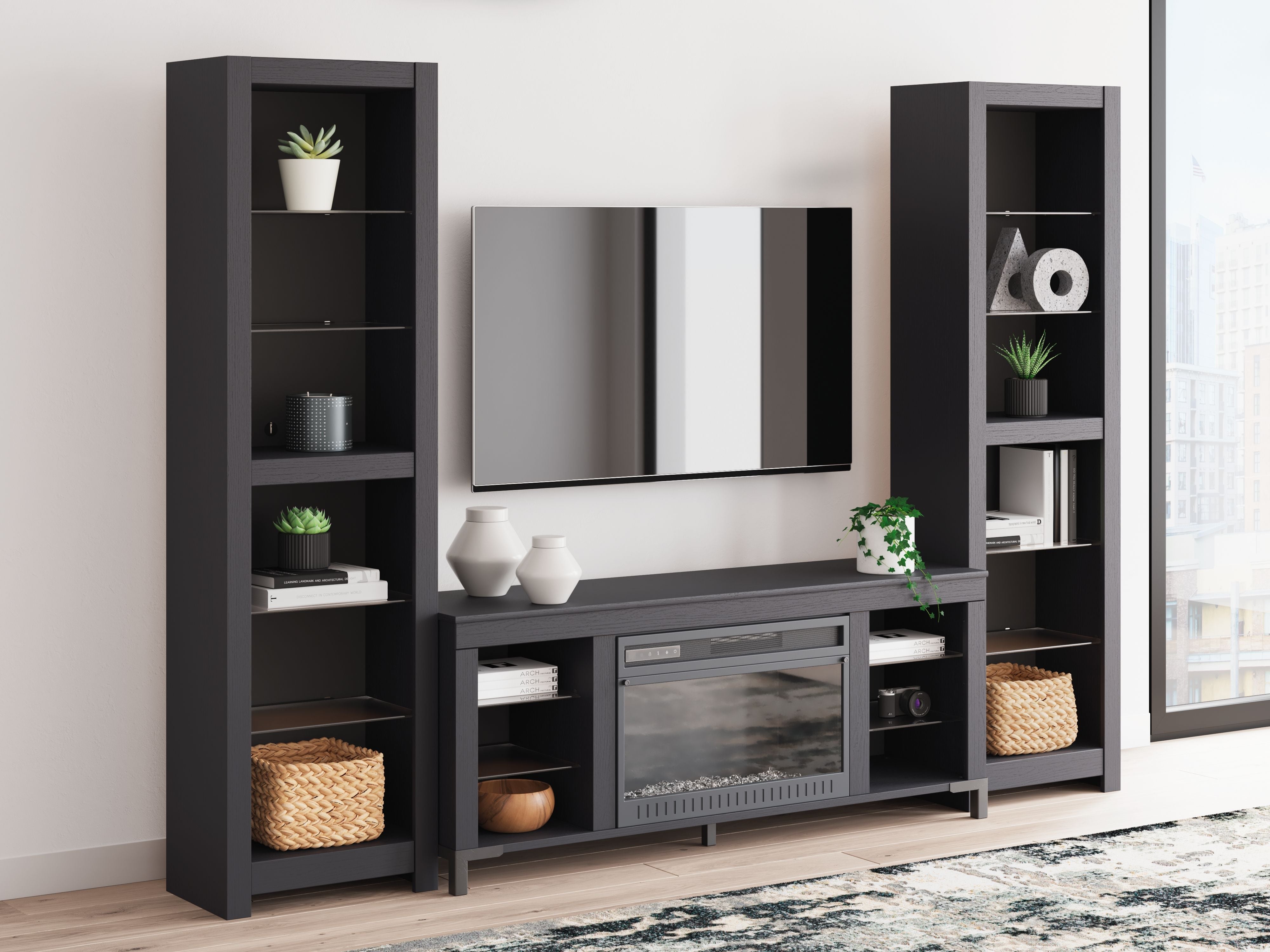 Signature Design by Ashley® Cayberry - Black - 3-Piece Entertainment Center With Electric Fireplace | Meri Furniture
