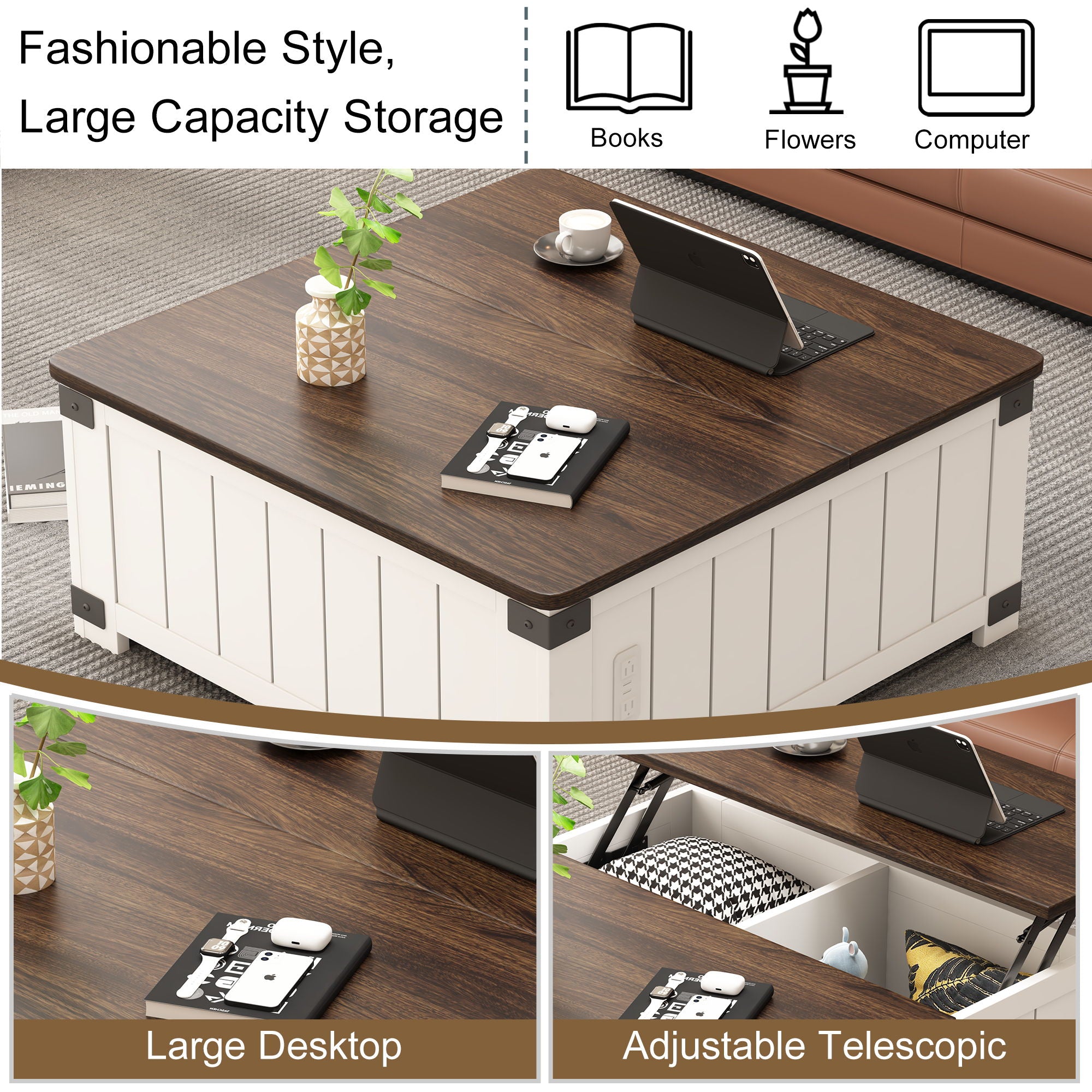 Farmhouse Style Lift Top Coffee Table With Storage And Charging Station - White Wood