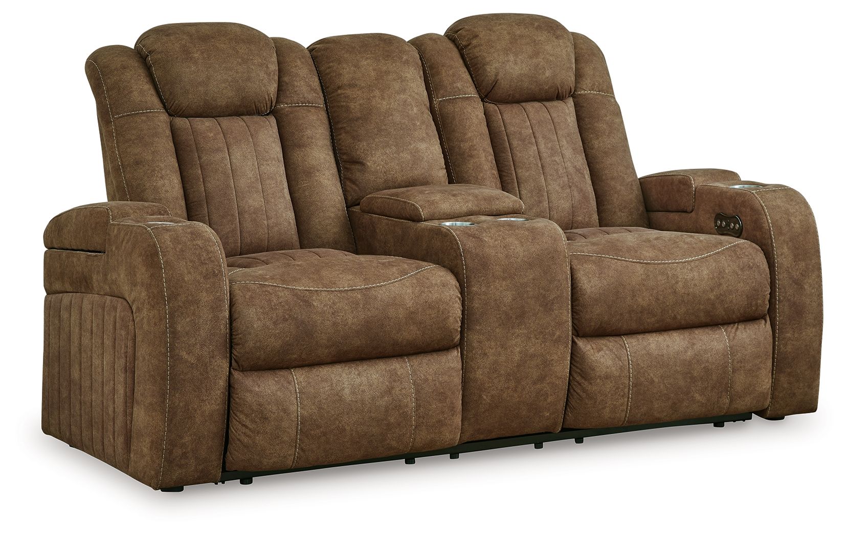 Signature Design by Ashley® Wolfridge - Brindle - Power Reclining Loveseat With Console /Adj Hdrst | Meri Furniture