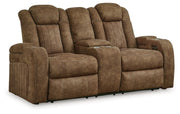 Signature Design by Ashley® Wolfridge - Brindle - Power Reclining Loveseat With Console /Adj Hdrst | Meri Furniture