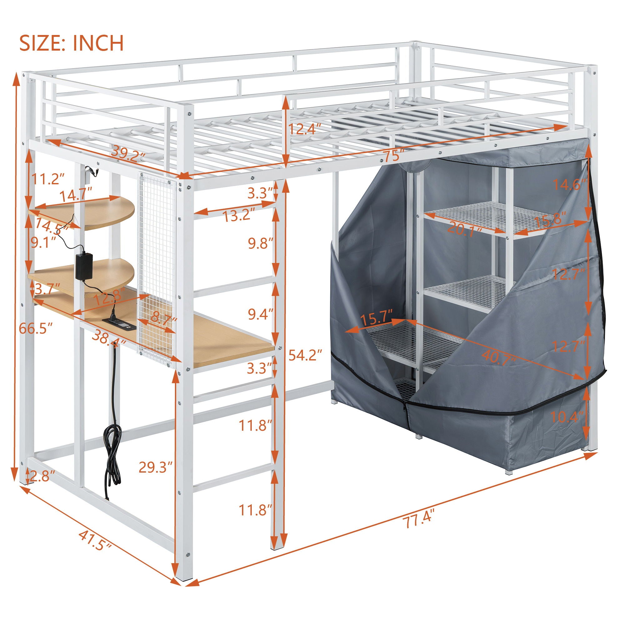Loft Bed With Desk, Shelves, Power Outlet, LED Light And Wardrobe