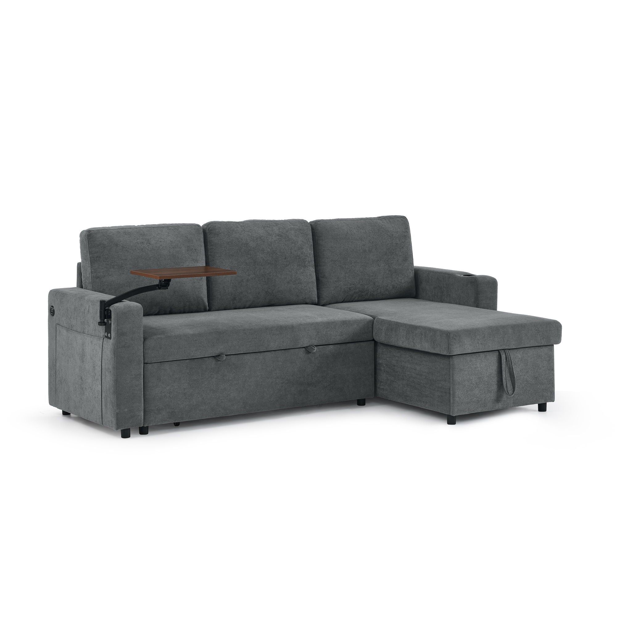 Multi Functional Pull Out Bed Sofa With Retractable Table, LED Lighting, USB Charging Ports & Cup Holders