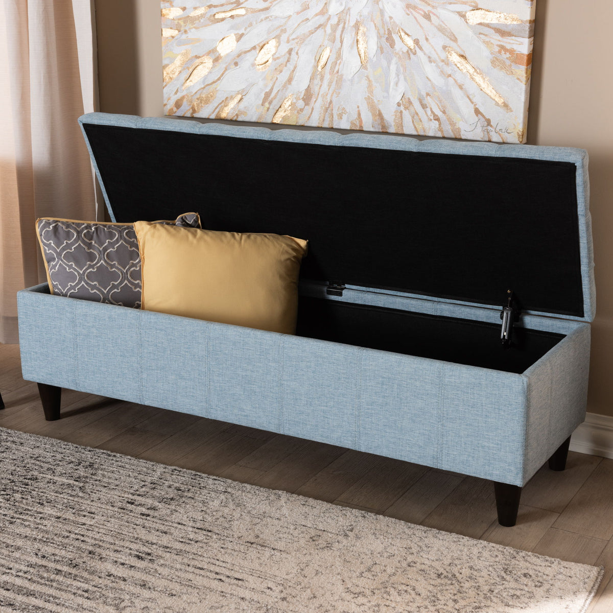 Brette Mid-Century Modern Light Blue Fabric Upholstered Dark Brown Finished Wood Storage Bench Ottoman
