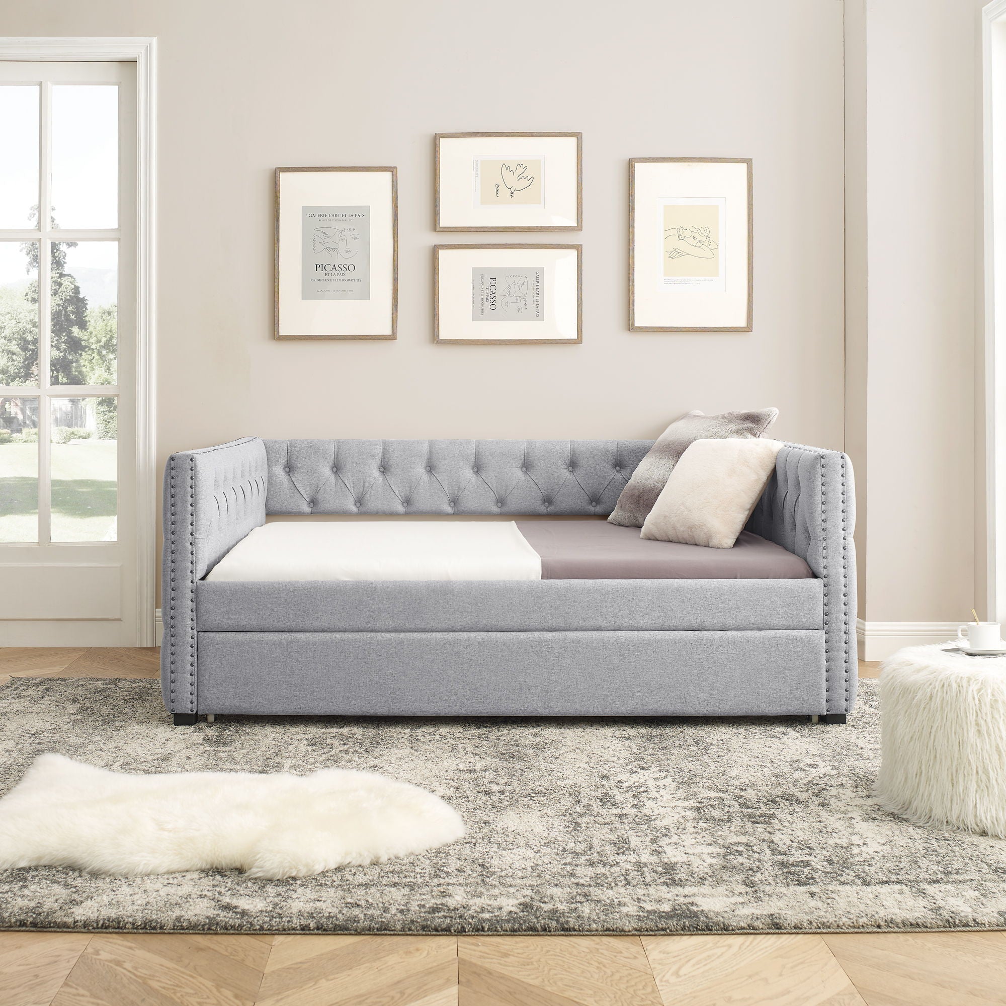 Inspired Upholstered Daybed With Trundle, Button Tufted