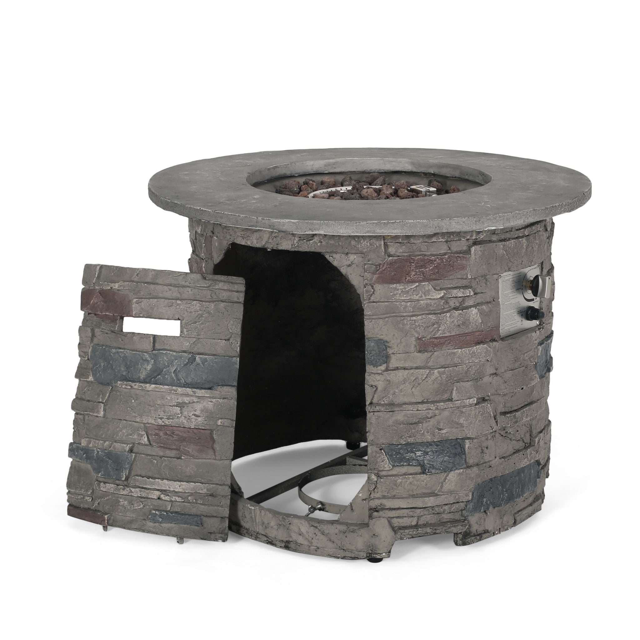 Transitional Outdoor 32" Round Propane Fire Pit Table, Lightweight Concrete Construction - Stone Gray