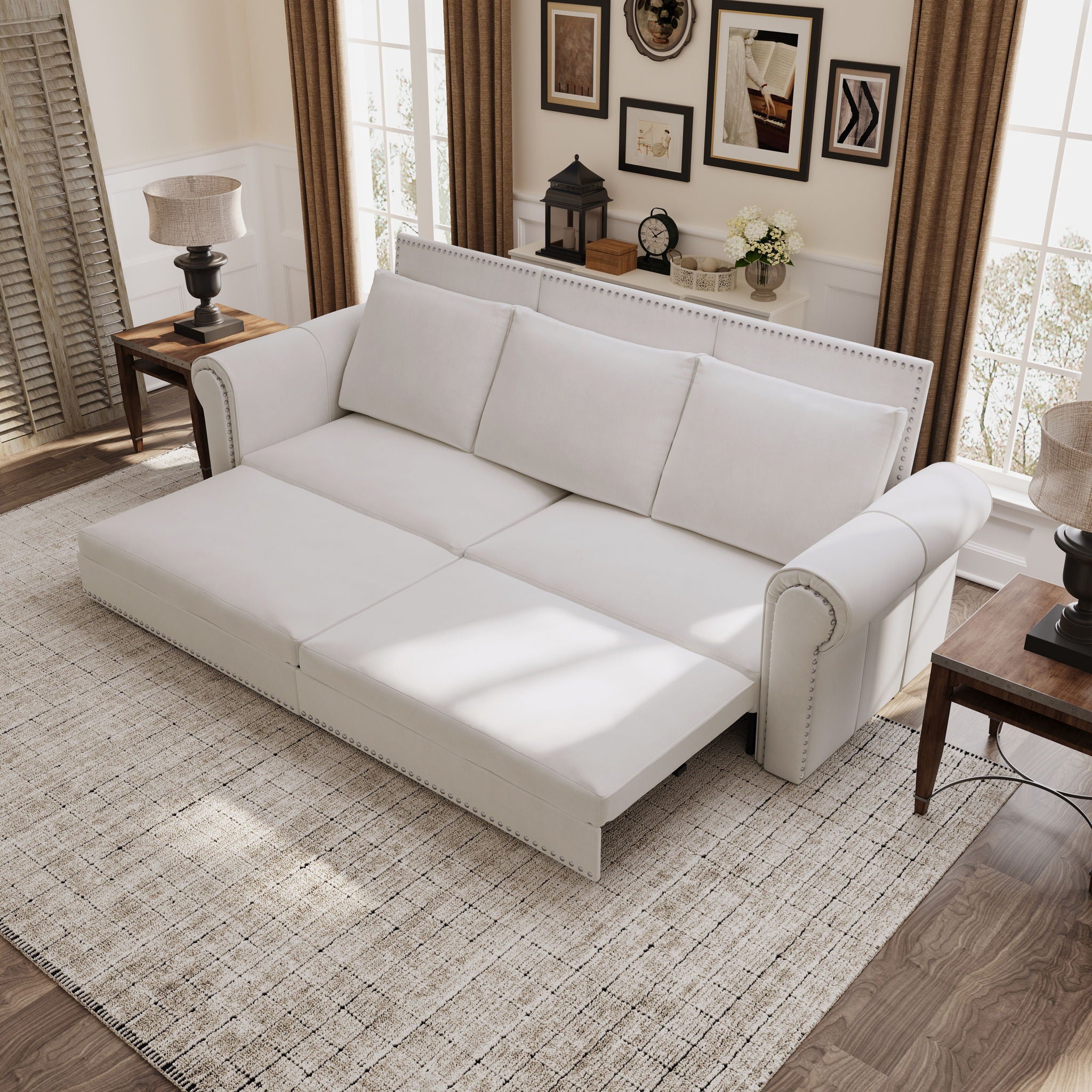 3 In 1 Convertible Sleeper Sofa With Nailhead Trim & Rolled Arm