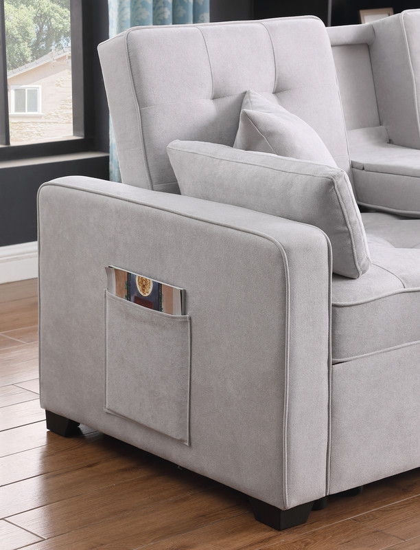 Cody II 70"W Light Gray Woven Fabric Convertible Sleeper Loveseat with Dropdown Console, Cup Holders, Charging Ports, Pocket, and Pocket Coil Seating