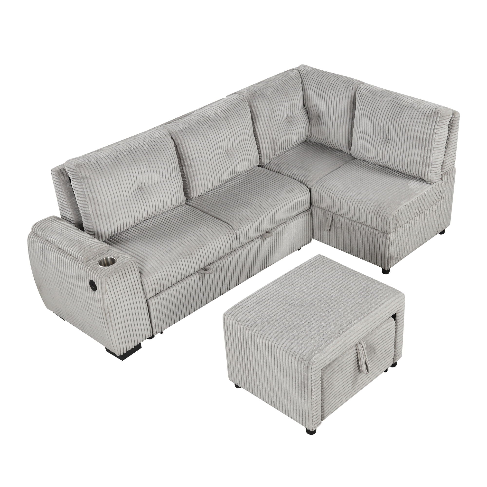 Pull-Out L-Shaped Sectional Sofa With Movable Ottoman And Stool, Large Storage Space, A Cup Holder, And 2 USB Ports For Living Room