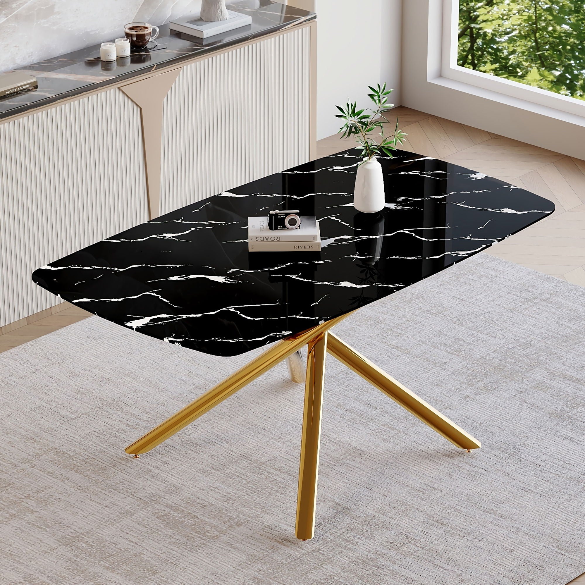 Luxurious Marble Patterned Dining Table With Metal Fork Legs