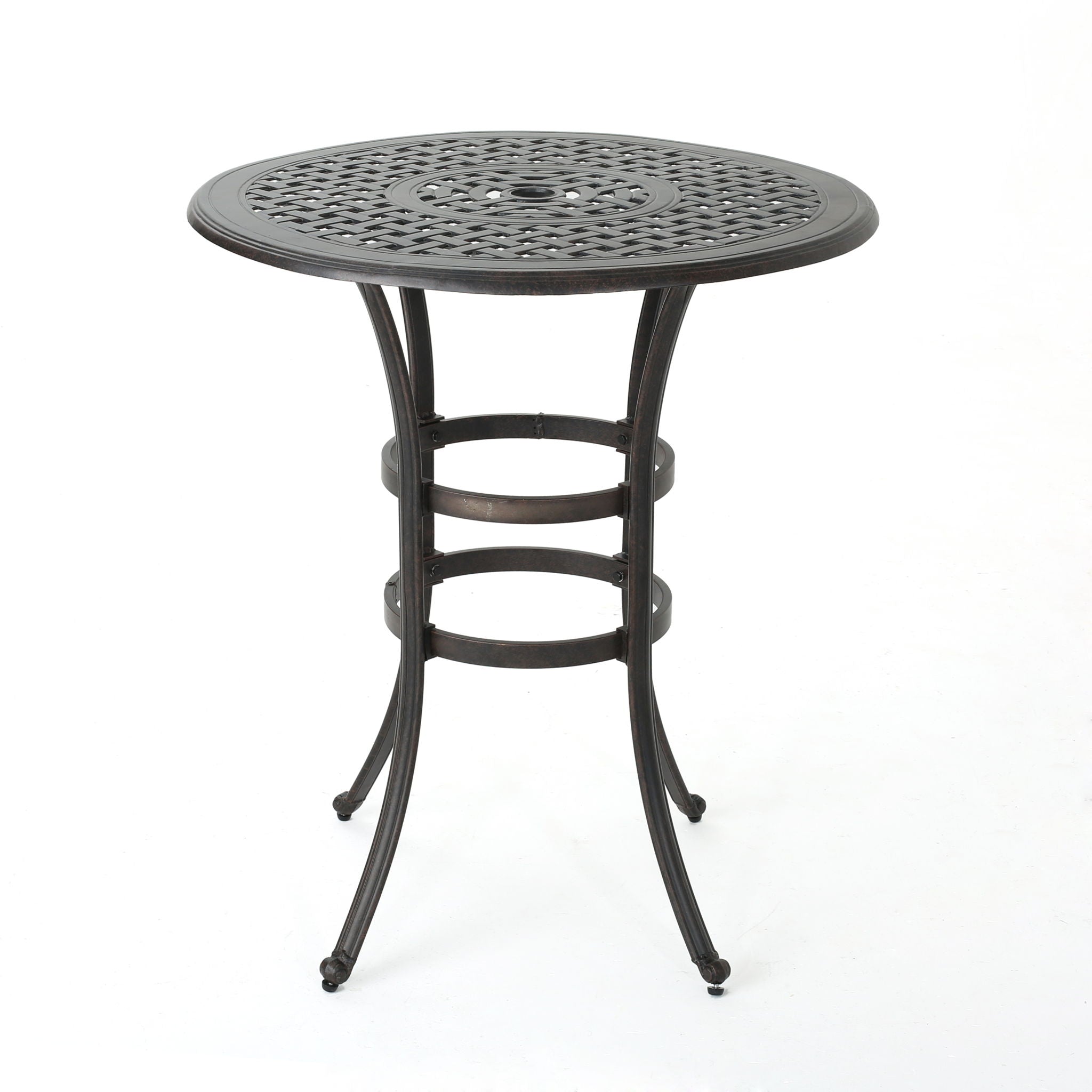 Traditional Style Cast Aluminum Bar Table With Lattice Design And Umbrella Holder - Bronze