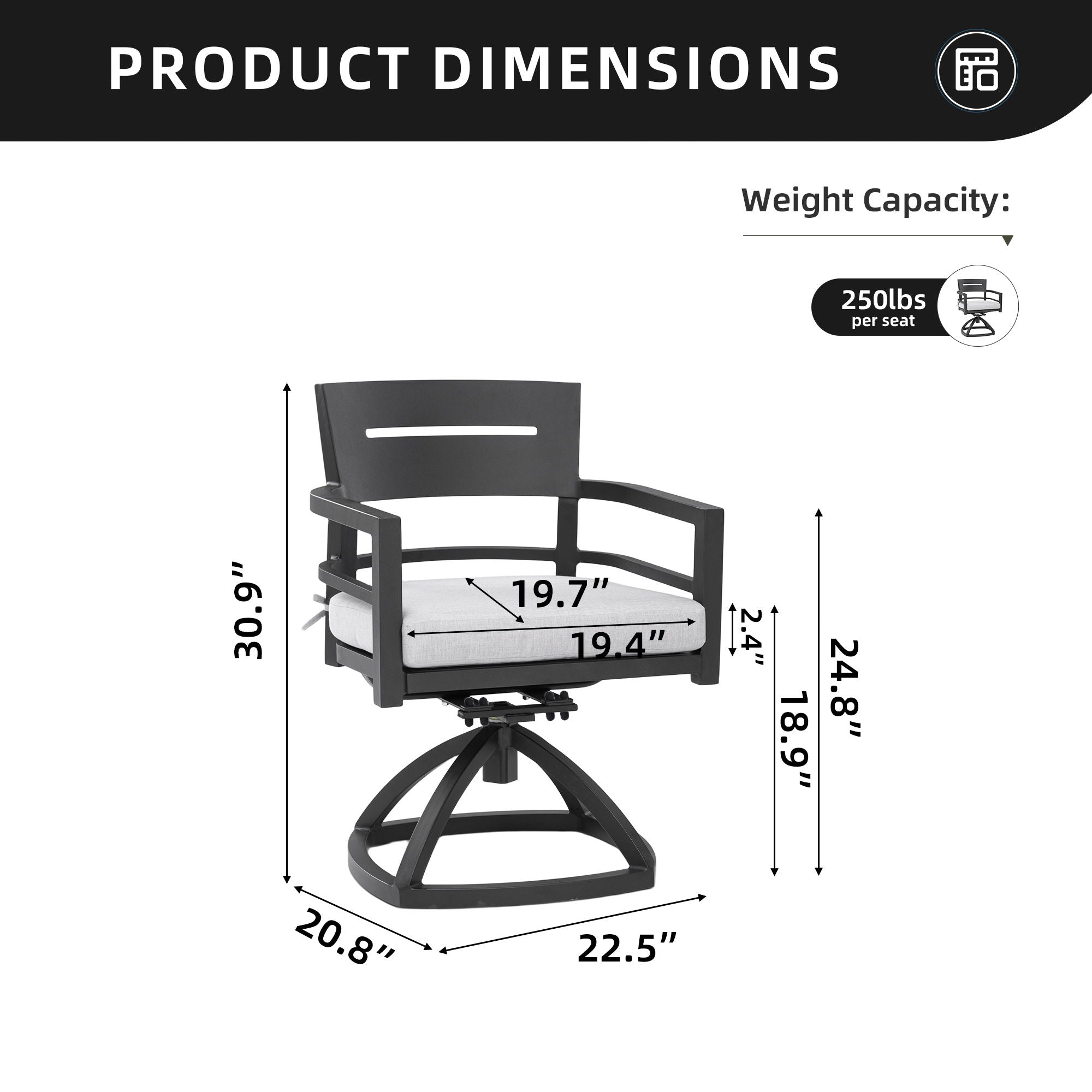 Outdoor Patio Swivel Rocker With Outdoor Grade Sunbrella Fabric Cushions (Set of 2) - Ember Black