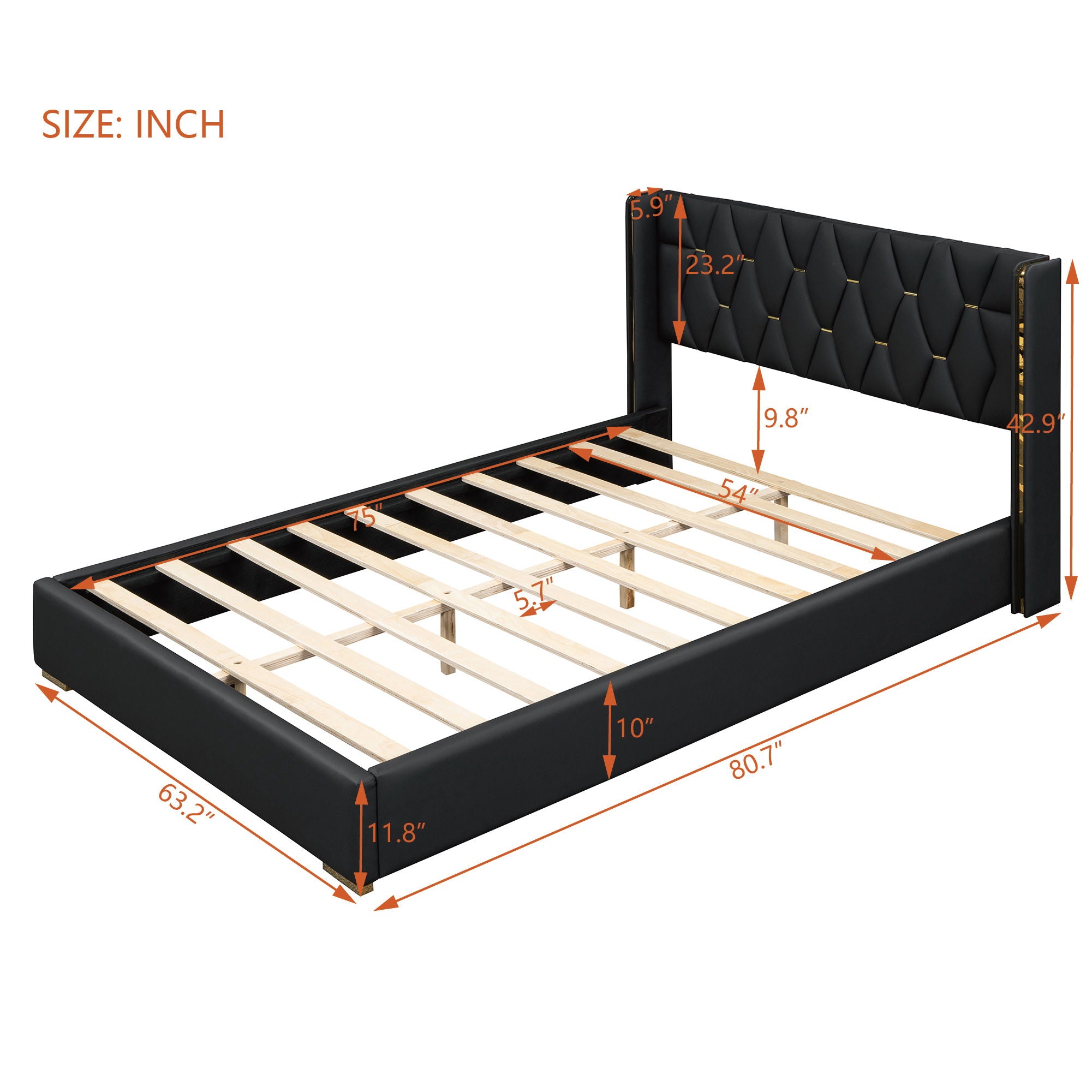 Upholstered Platform Bed With Strips - Black