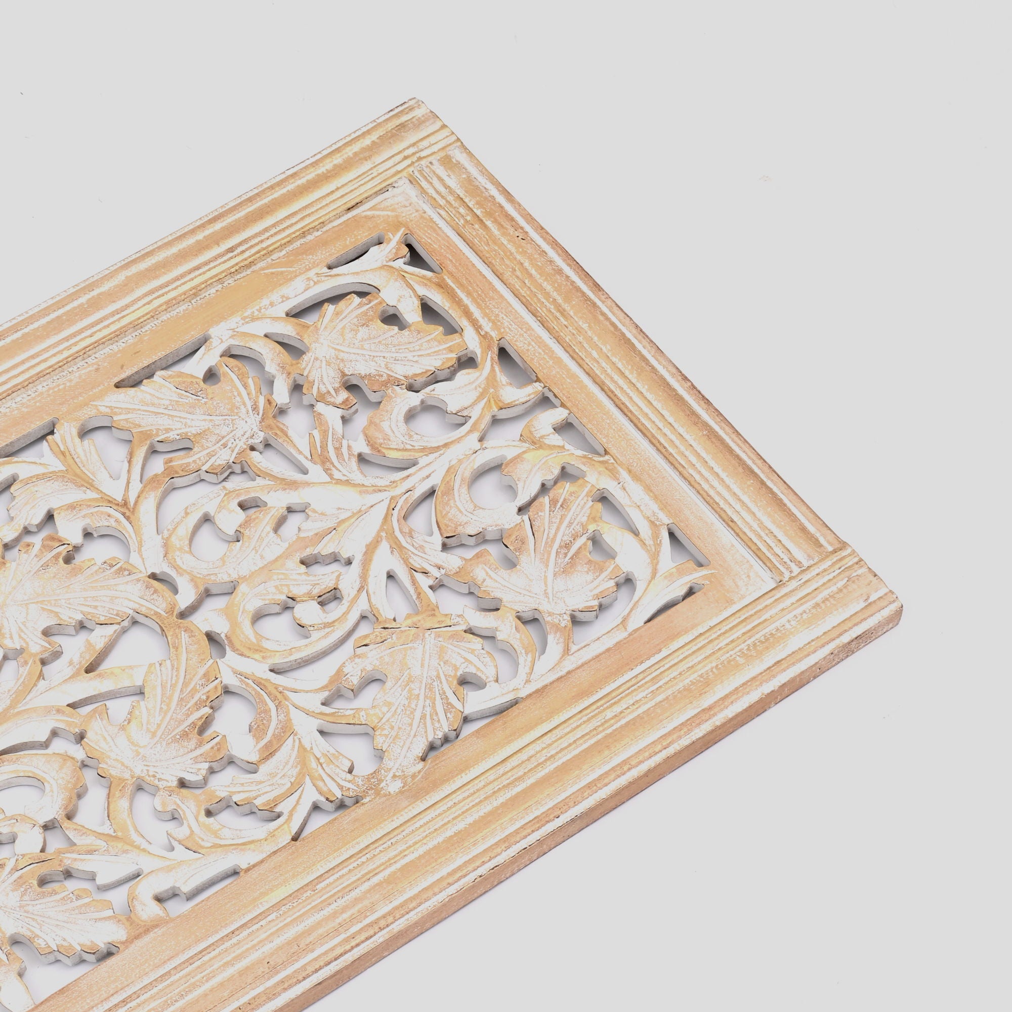 Floral Hand Carved Mandala Rectangular Wall Decor Accent - Gold / White