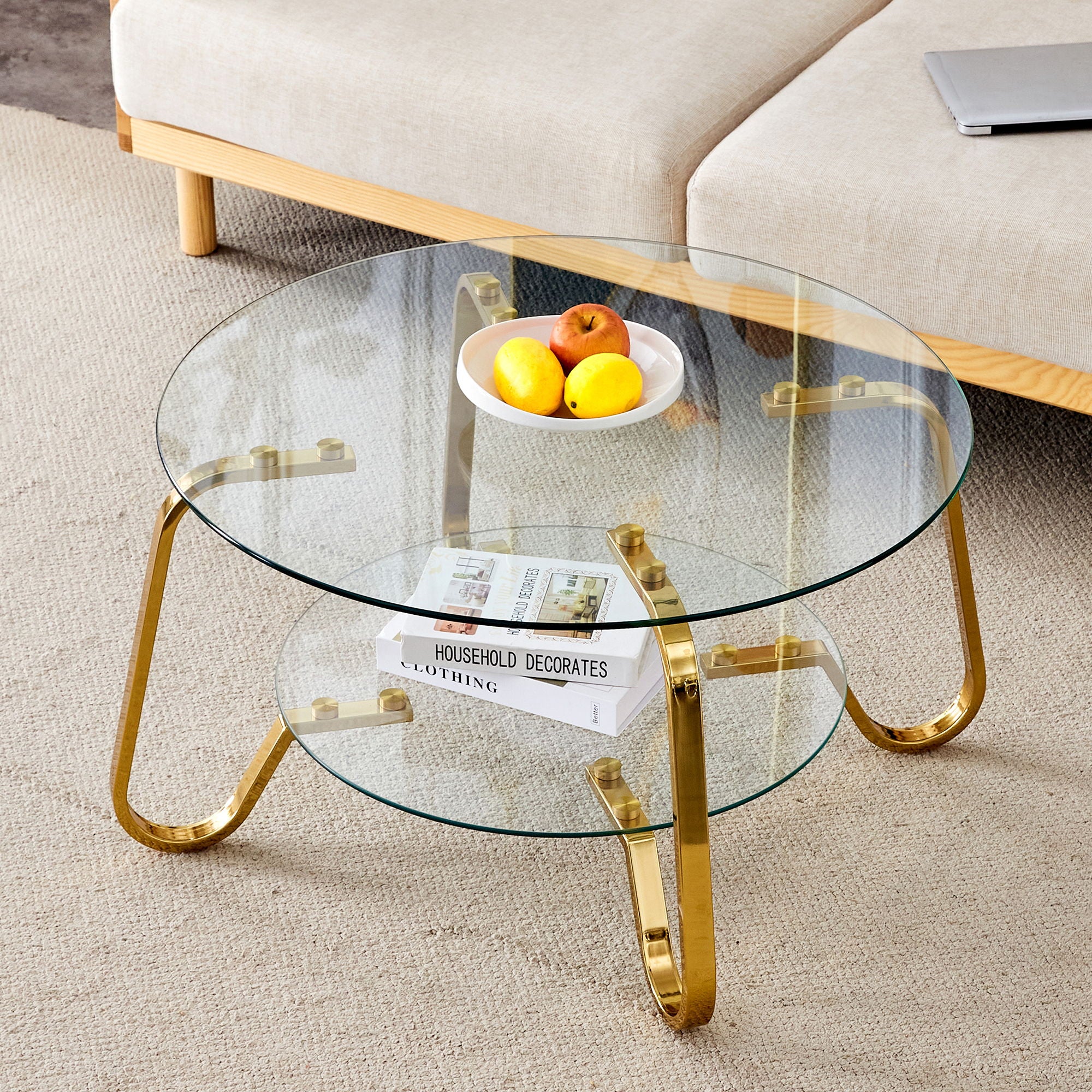 Retro Minimalist Style Metal Frame Double Layer Tempered Glass Coffee Table