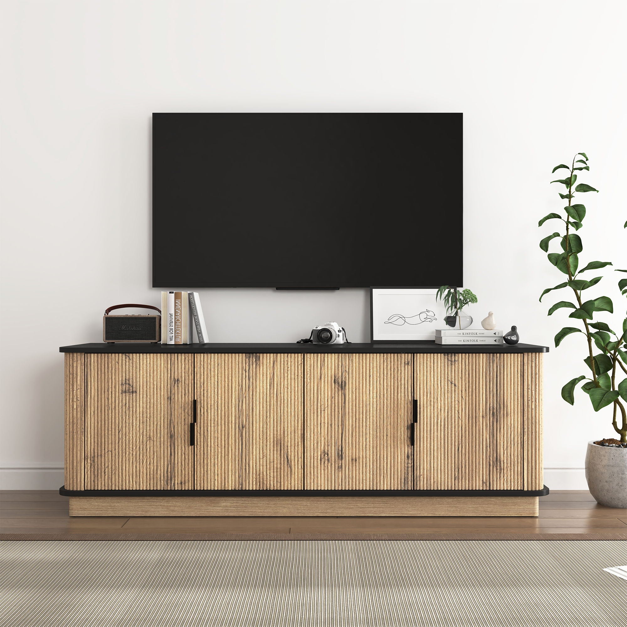 Grain 4 Door TV Cabinet, An Ideal Choice For TV And Item Storage In Modern Homes, A Perfect Blend Of Nordic And Modern Minimalist Styles - Black