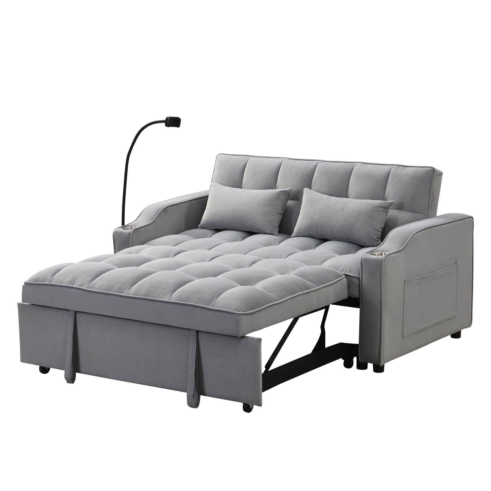 Modern Velvet Loveseat Futon Sofa With Pullout Bed, Adjustable Reclining Backrest, Toss Pillows