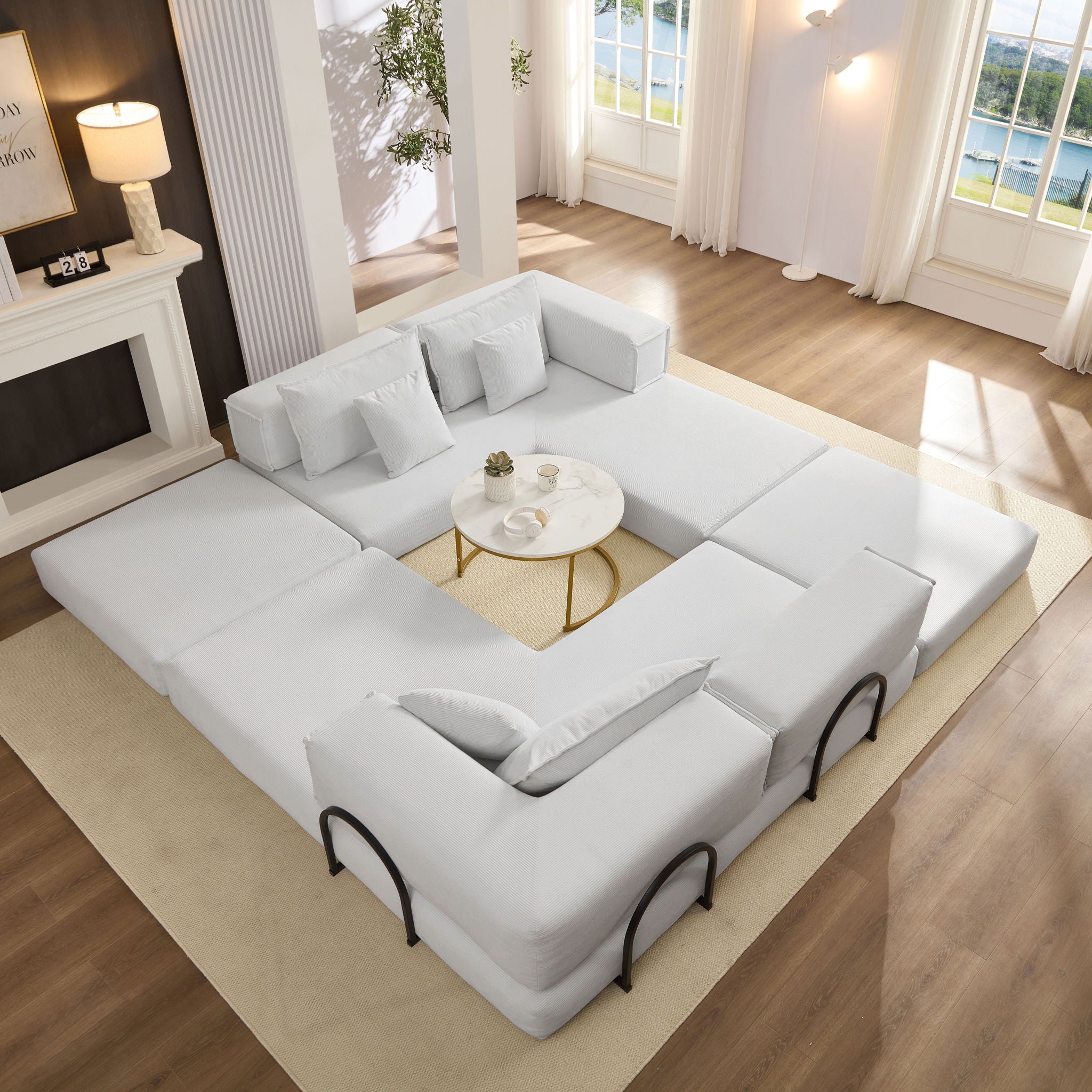 Modular L Shaped Floor Living Room Sofa Set With 6 Pillows