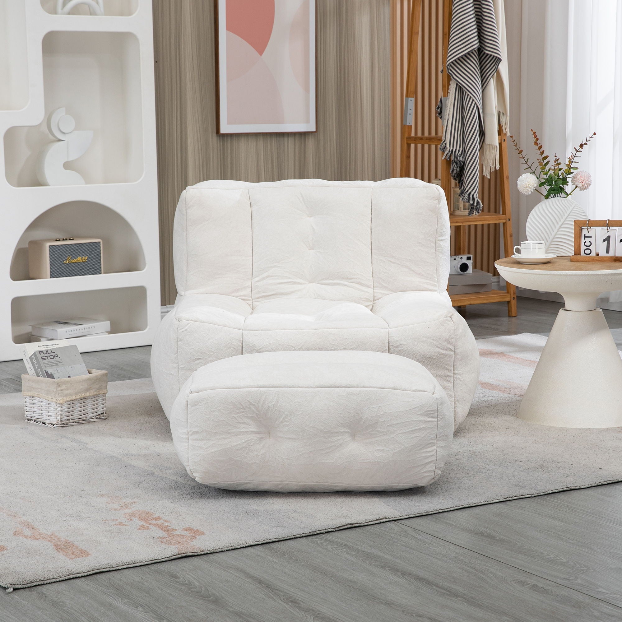 Modern Indoor Fluffy Bean Bag Chair With Memory Foam And Ottoman, Super Soft