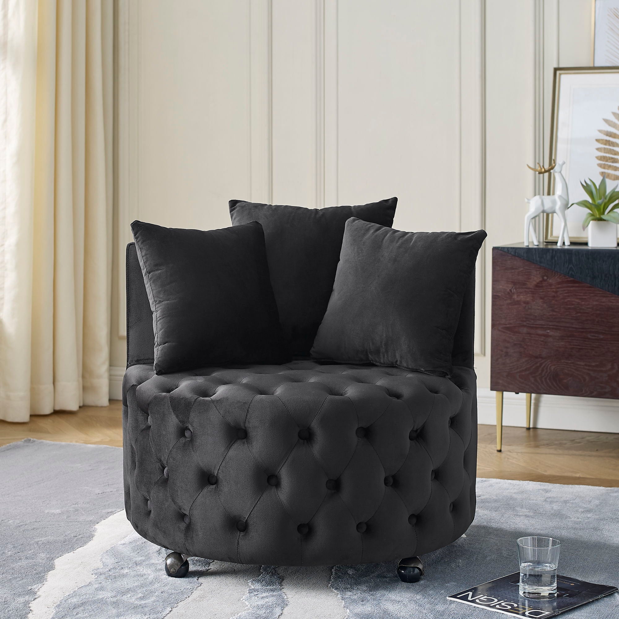 Modern Upholstered Swivel Chair With Button Tufted Design And Movable Wheels