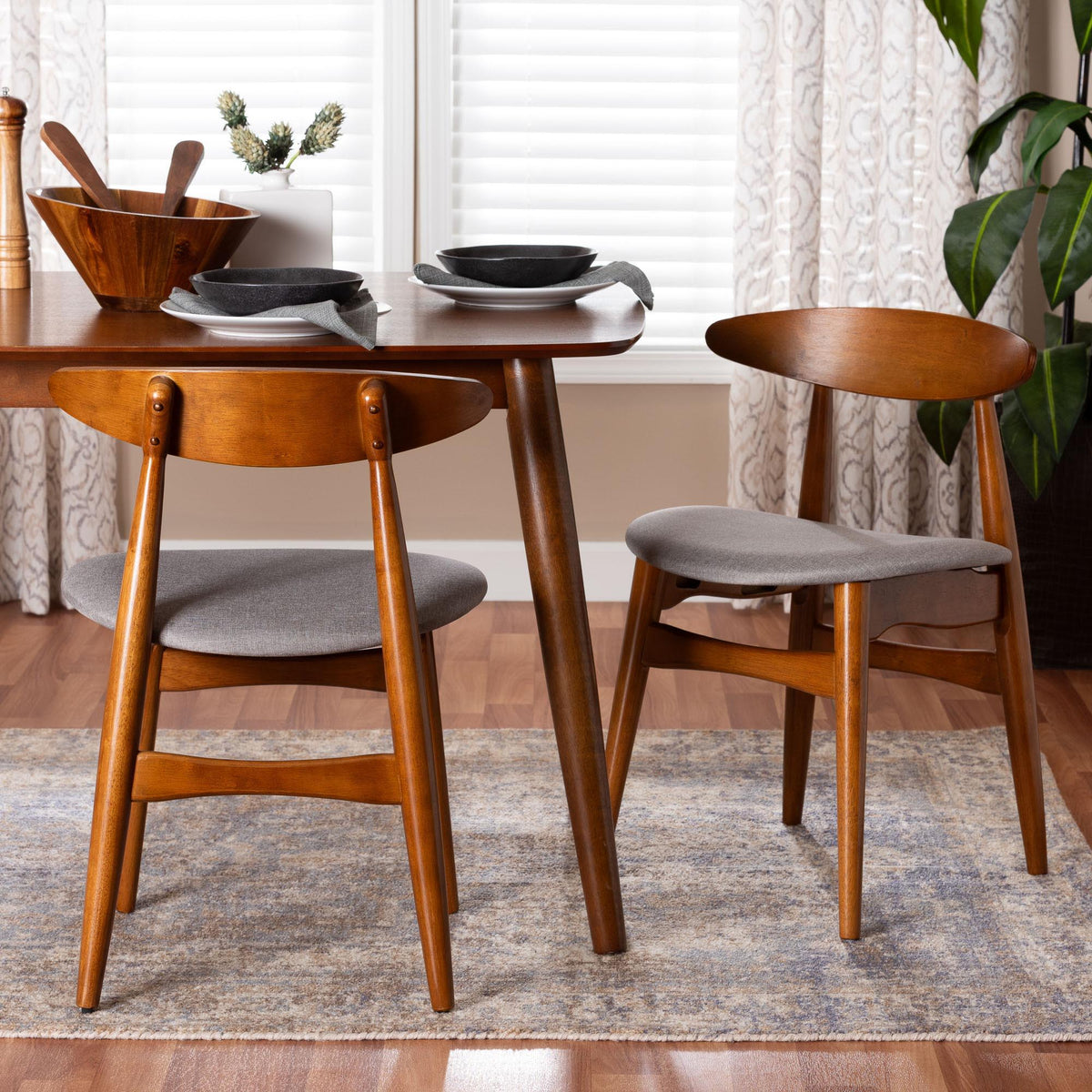 Flora Mid-Century Modern Light Grey Fabric and "Oak" Medium Brown Finishing Wood Dining Chair