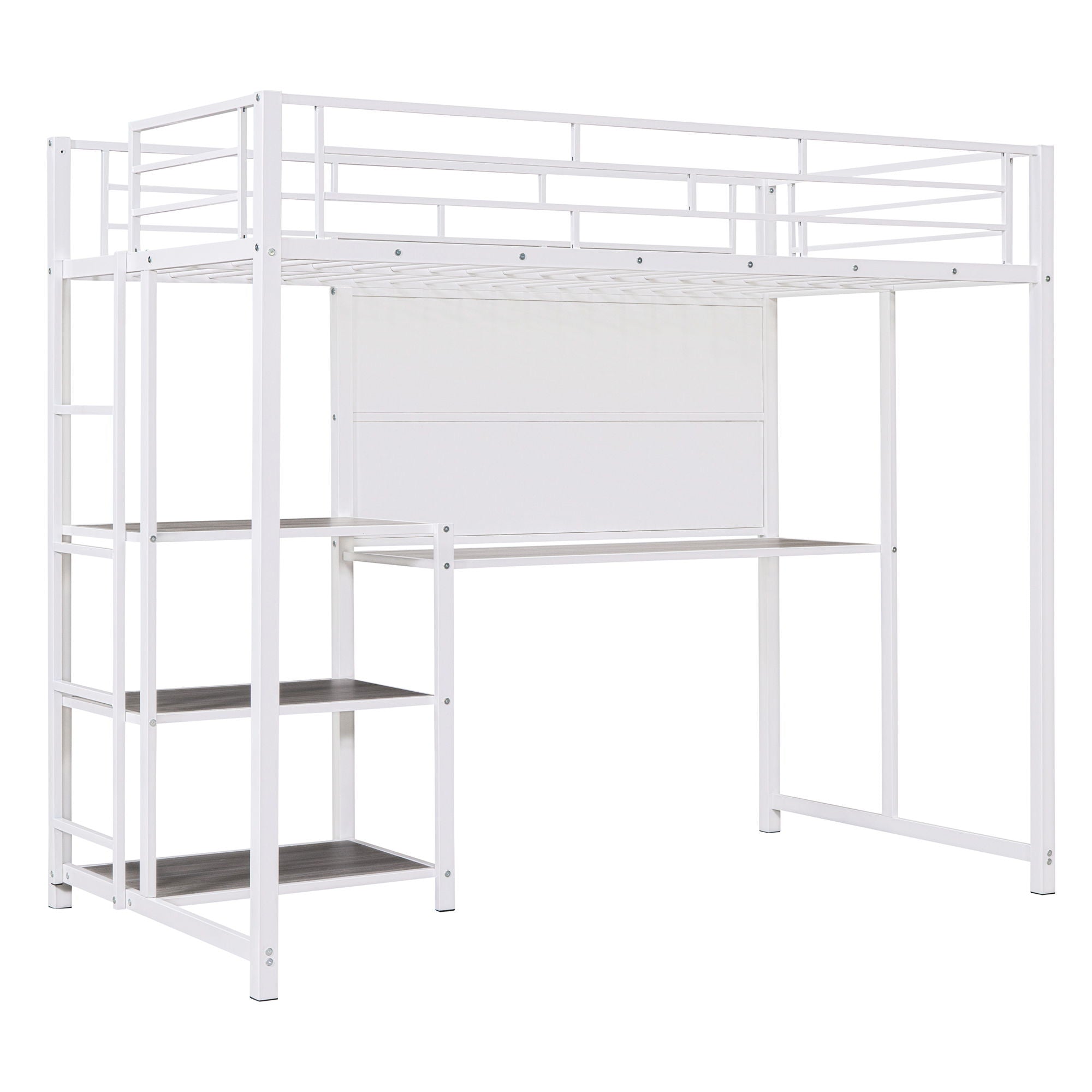 Metal Loft Bed With Desk, 3 Shelves And Ladder