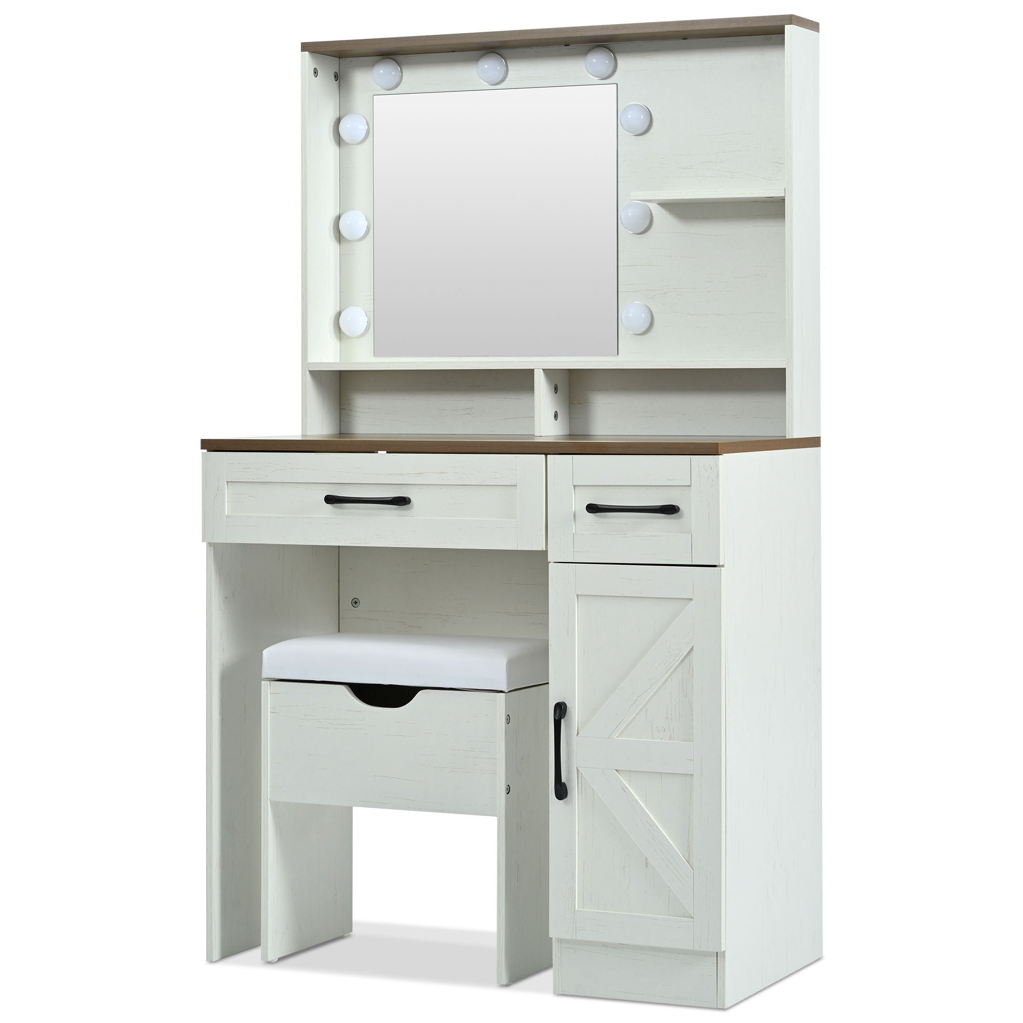 Farmhouse Makeup Vanity Desk With Mirror And Lights, 3 Lighting Modes, Vanity Set With Stool, Dressing Table With Adjustable Shelves, 2 Drawers And Side Cabinet For Bedroom - White