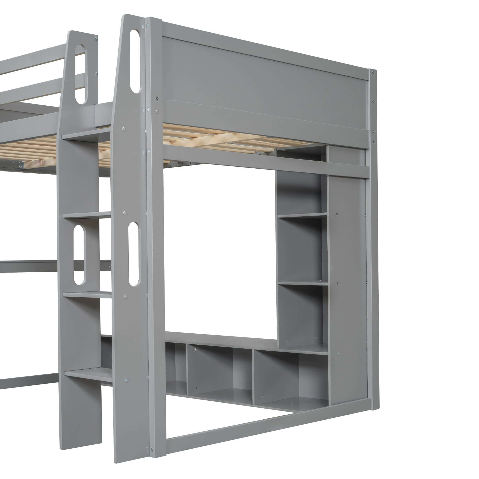 Full Size Gaming Loft Bed With Desk, Multi Storage Shelves, LED Lighting, And Hanging Clothes Rack - Gray