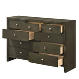 This Ilana contemporary 9 drawers dresser is brown cherry finish with English dovetail with center metal glides. The clean finish top is easy to wipe. The knob hardware accentuates nine drawers that offer much convenience for use.