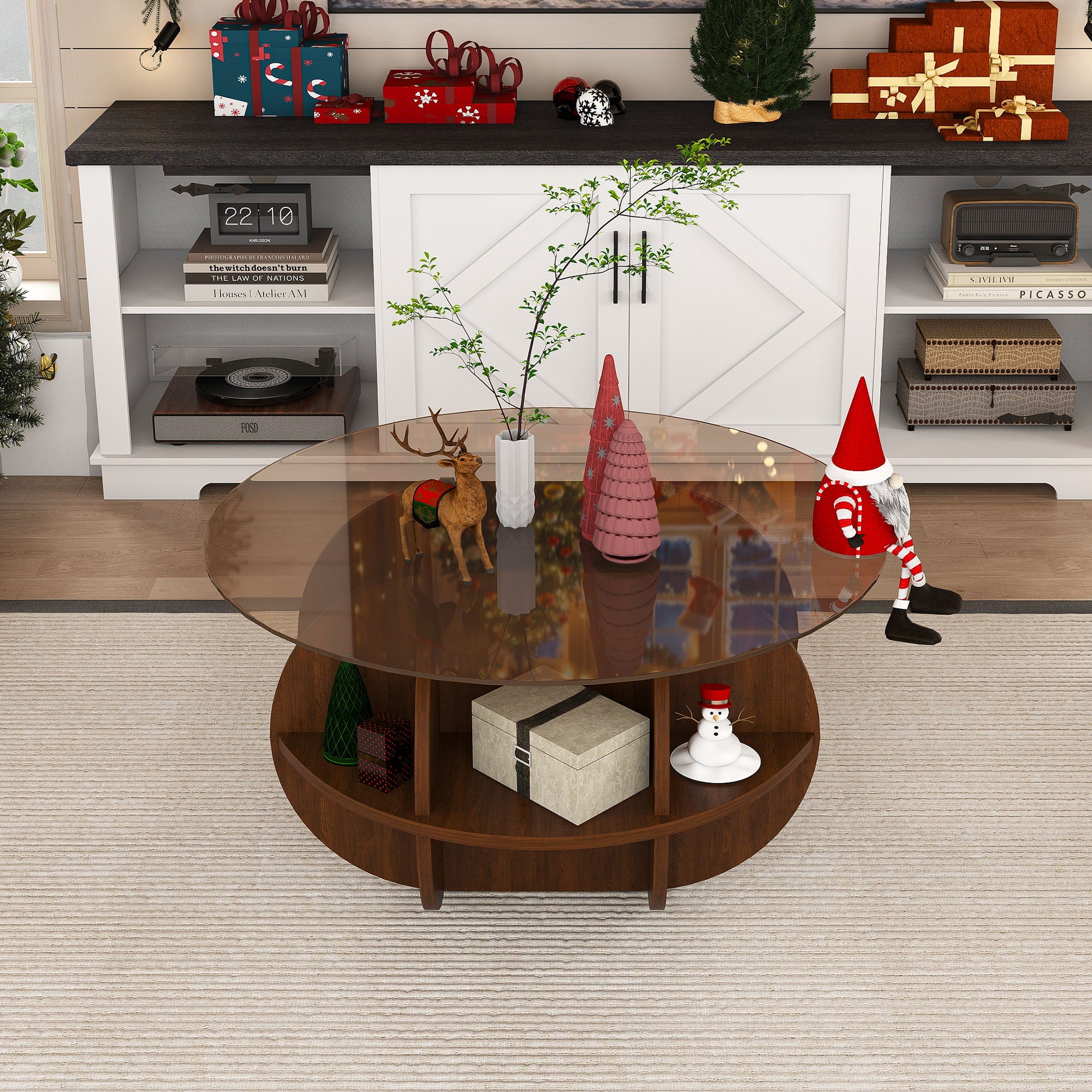 Round Coffee Table With Storage For Living Room - Walnut