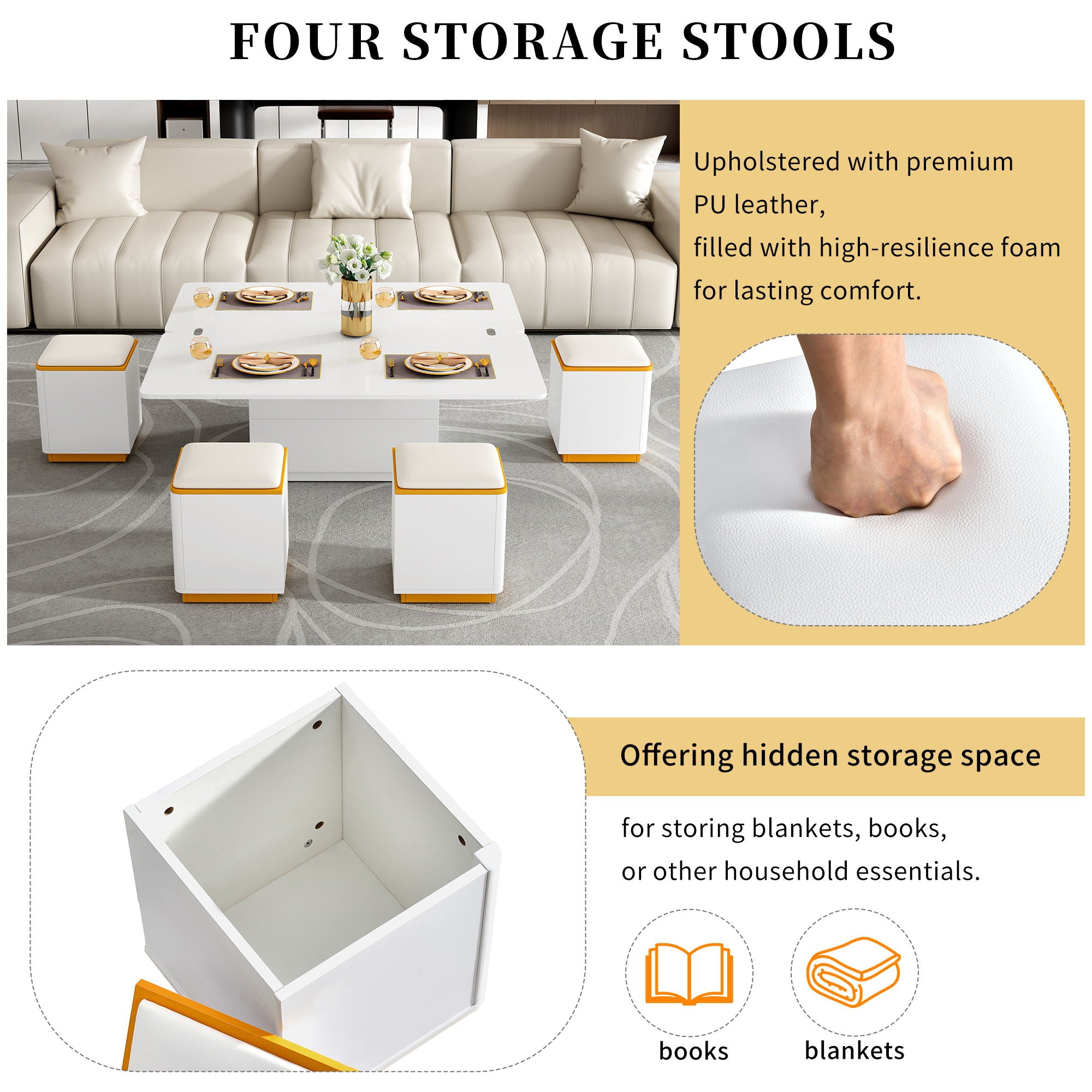 Multi Functional Adjustable Coffee Table With 4 Storage Stools