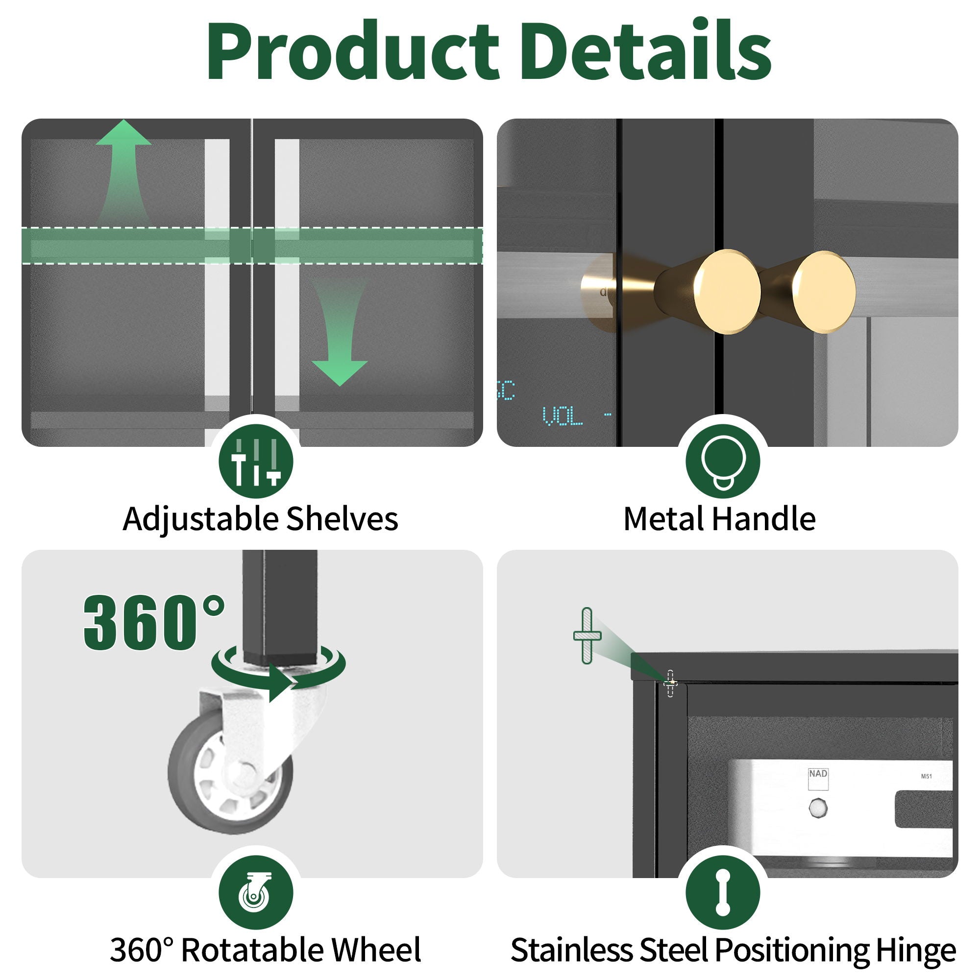 Media Storage Cabinet With Wheels, 4 Adjustable Glass Shelves & Door, Heavy-Duty - Black