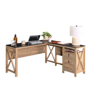 L-Shaped Desk with Drawers in Khaki Pine