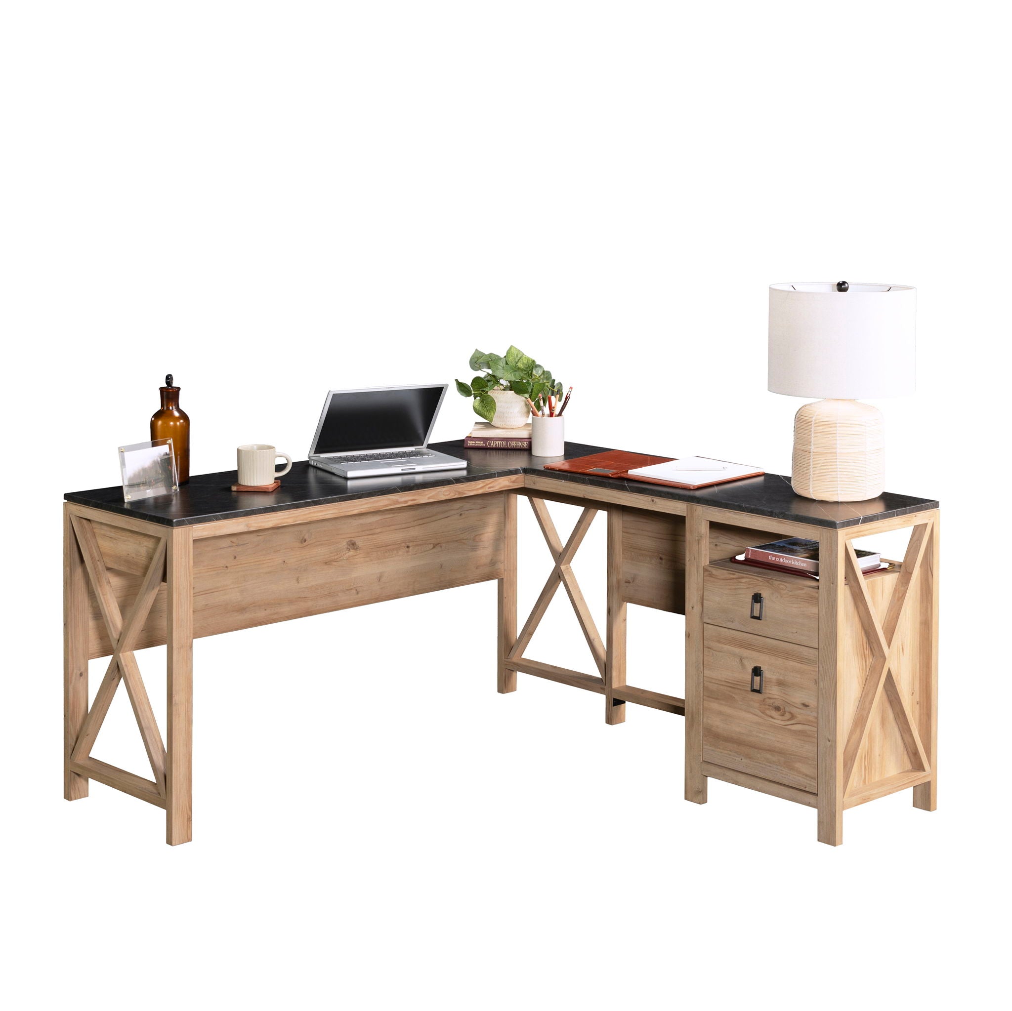 L-Shaped Desk with Drawers in Khaki Pine