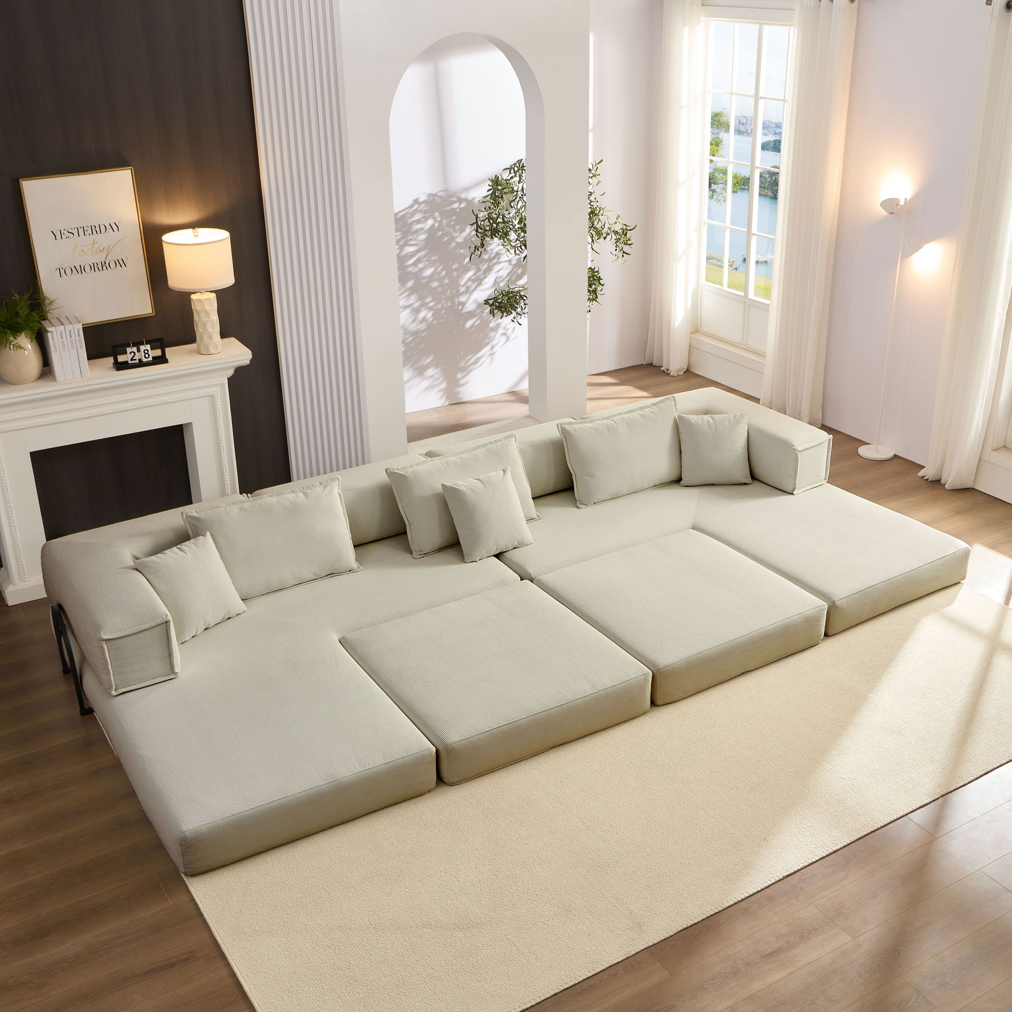 Modular L Shaped Floor Living Room Sofa Set With 6 Pillows