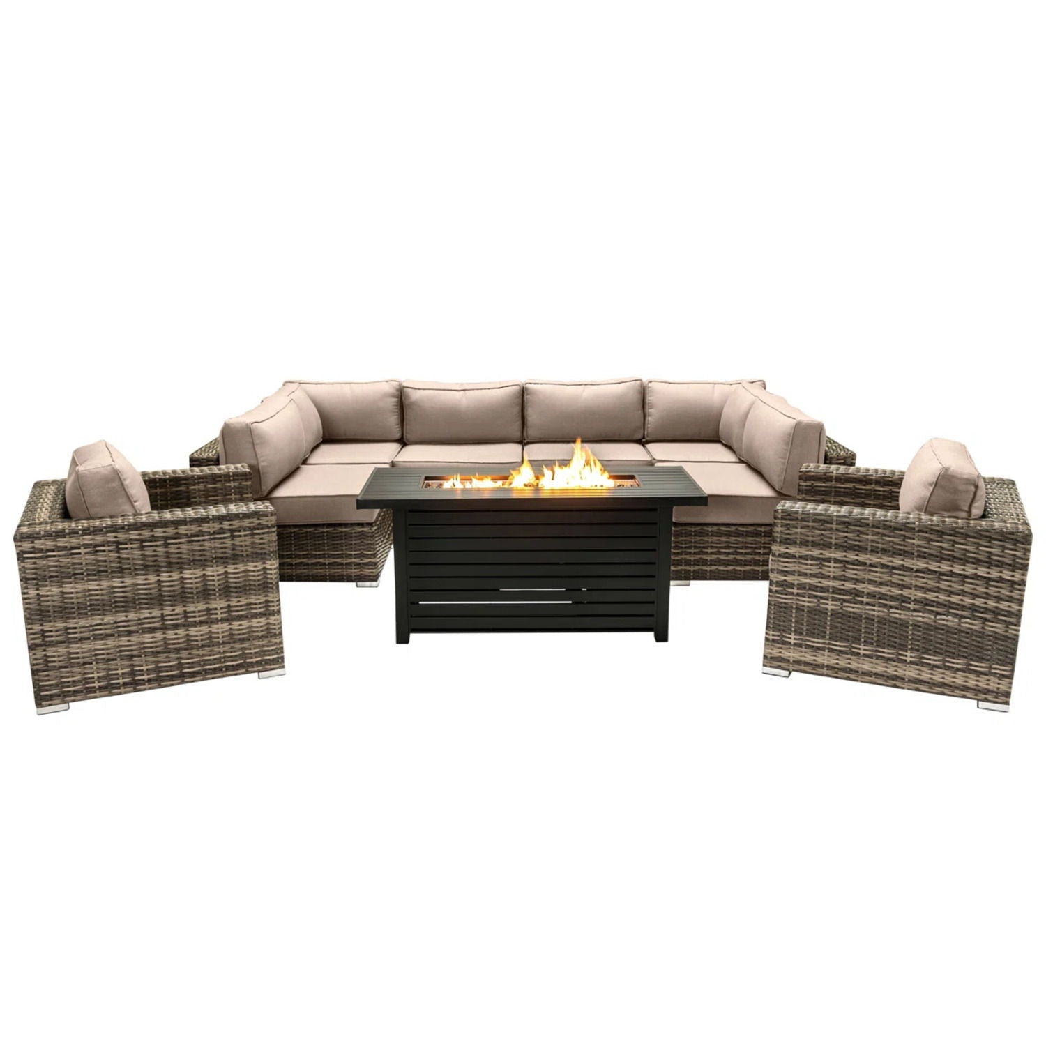 9 Piece Outdoor Sectional Set With Fire Pit Table And Cushions - Beige