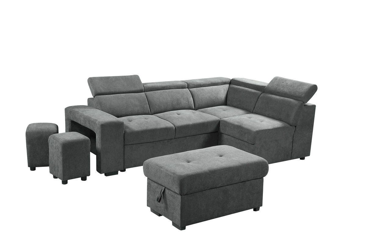 Henrik 97"W Light Gray Sleeper Sectional Sofa with Storage Ottoman and 2 Stools