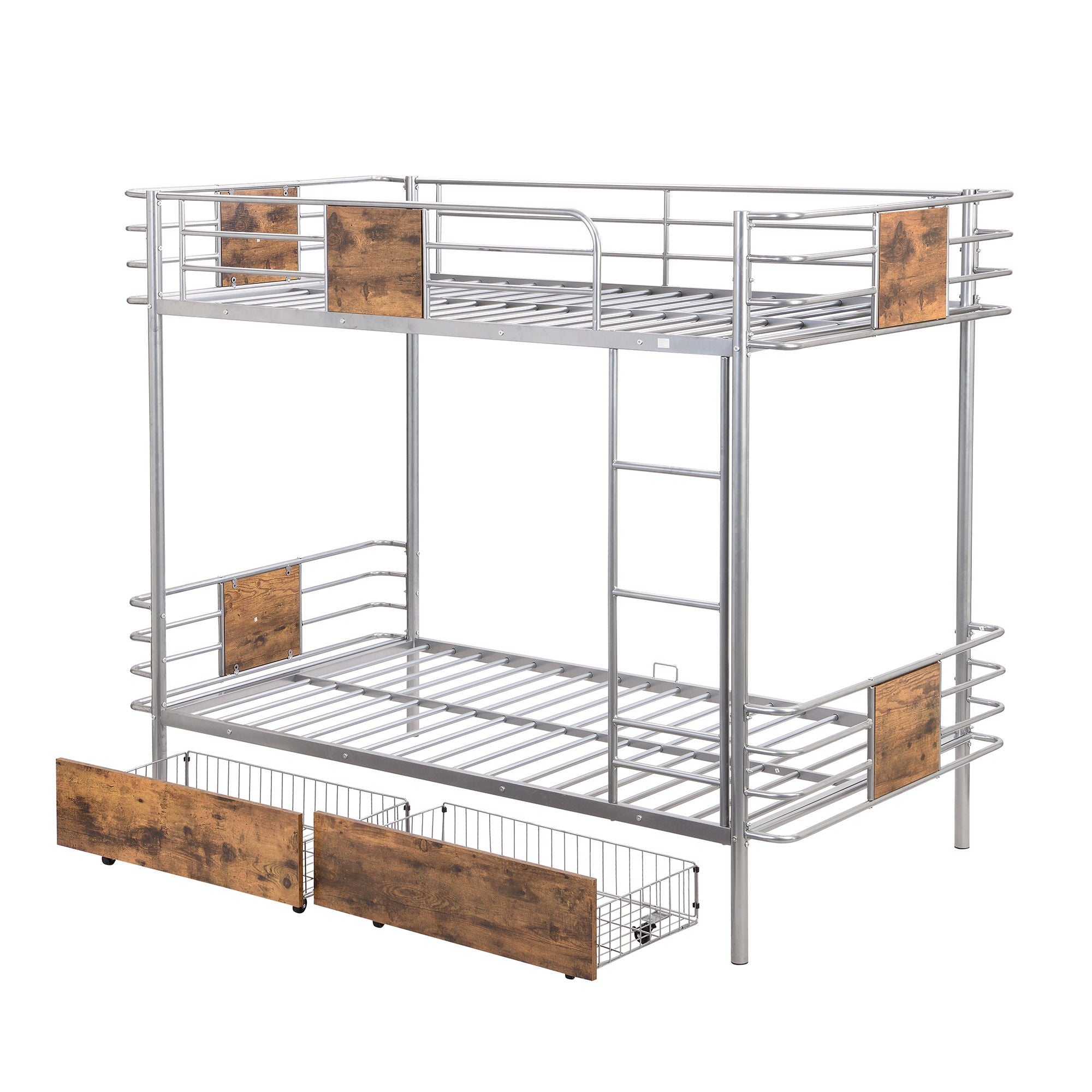 Twin Long Over Twin Long Bunk Bed With Guardrail And 2 Storage Drawers - Silver