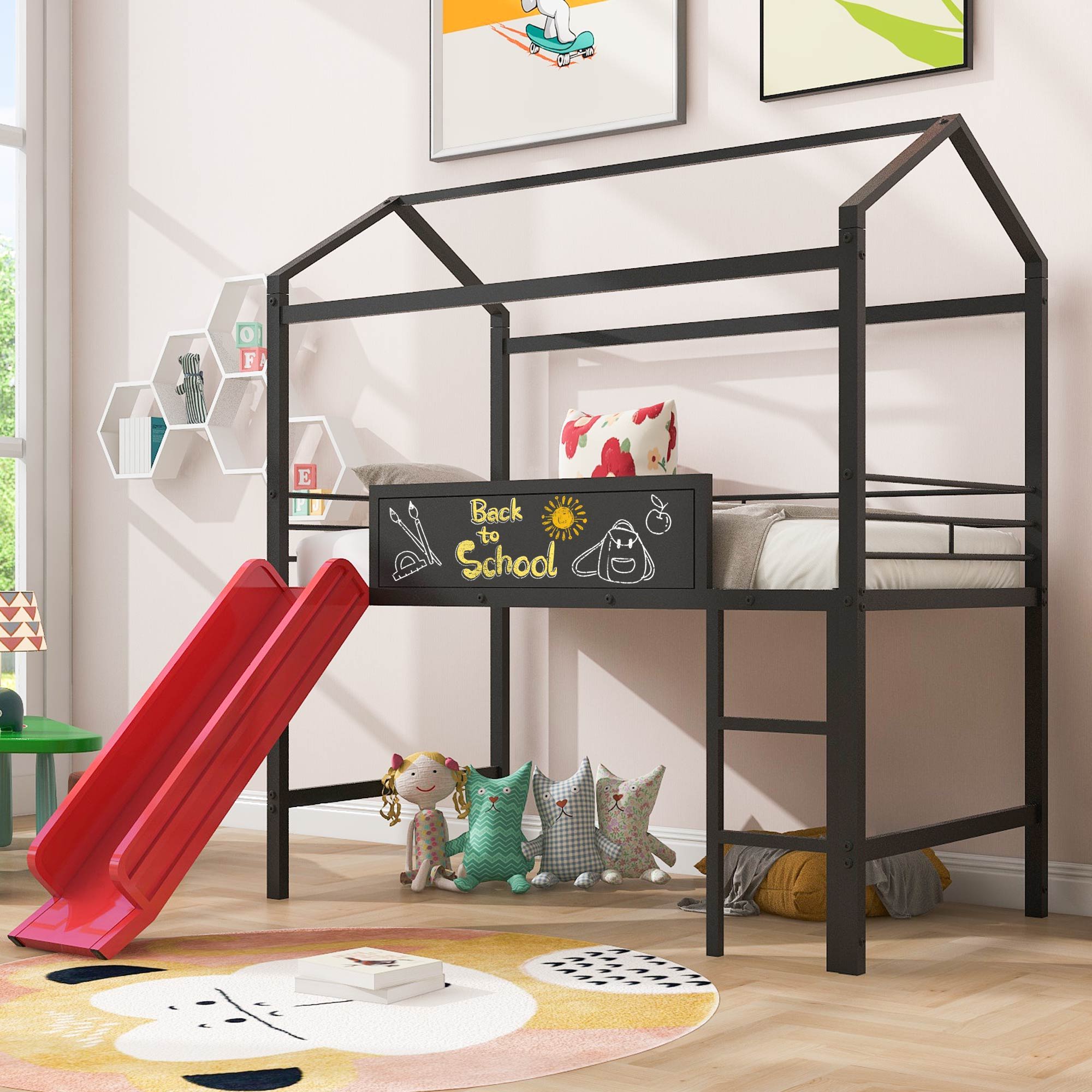 Twin Metal Loft Bed With Slide And 2 Sided Writable Wooden Board - Black
