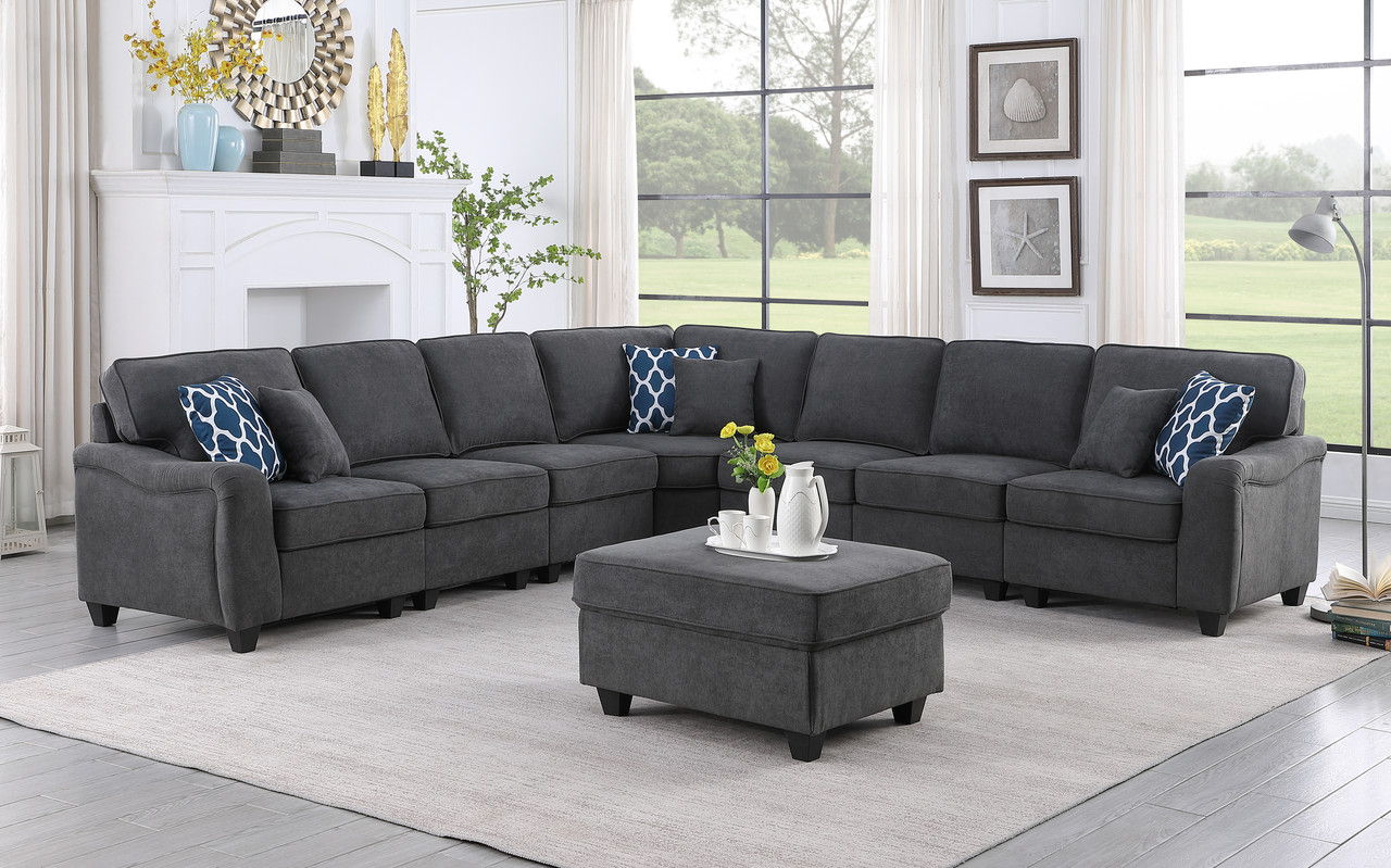 Leo 125"W Dark Gray Woven 8Pc Modular L-Shape Sectional Sofa and Ottoman