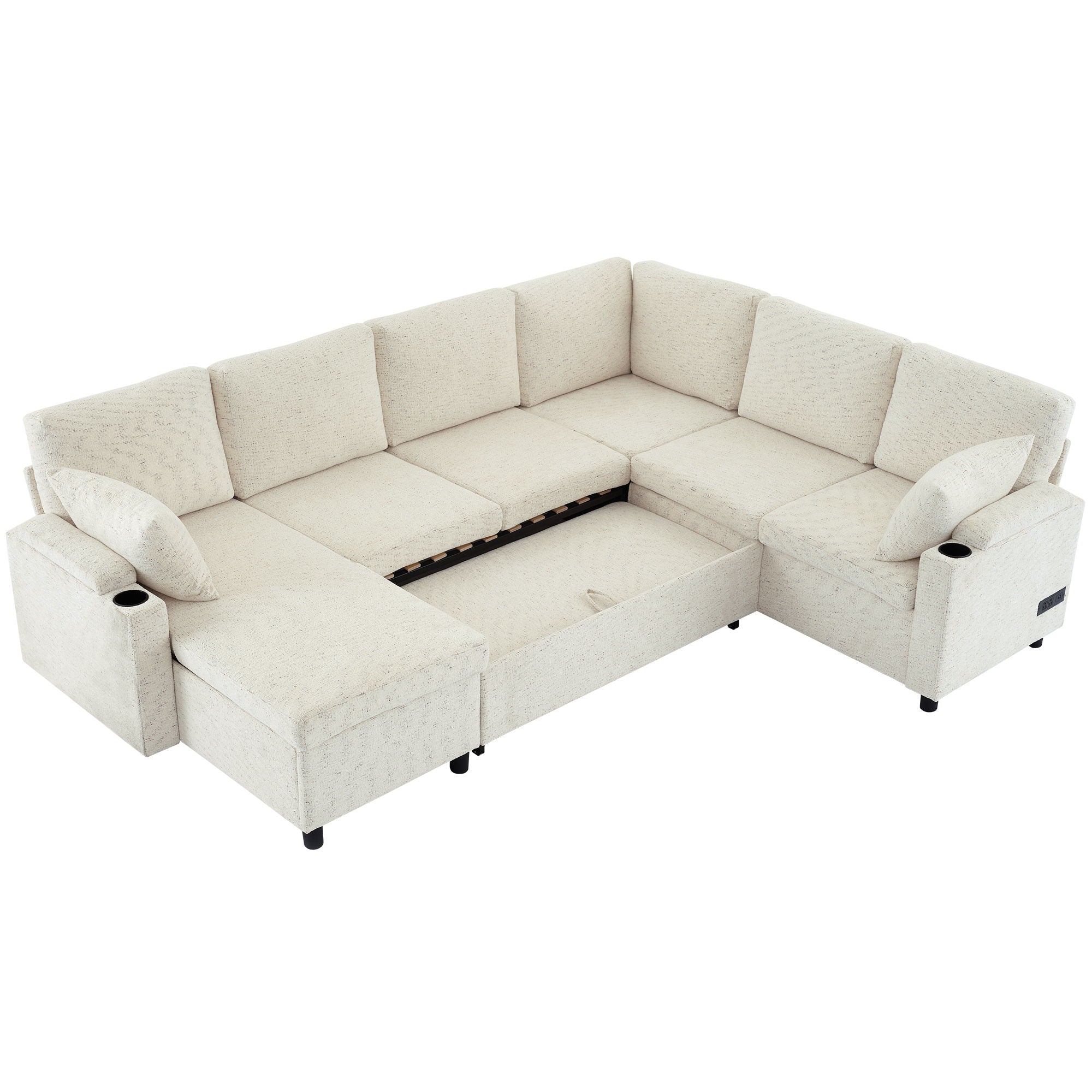 U-Shaped Sectional Sleeper Sofa With Ample Storage Space, 2 Cup Holders And Charging Ports For Living Room
