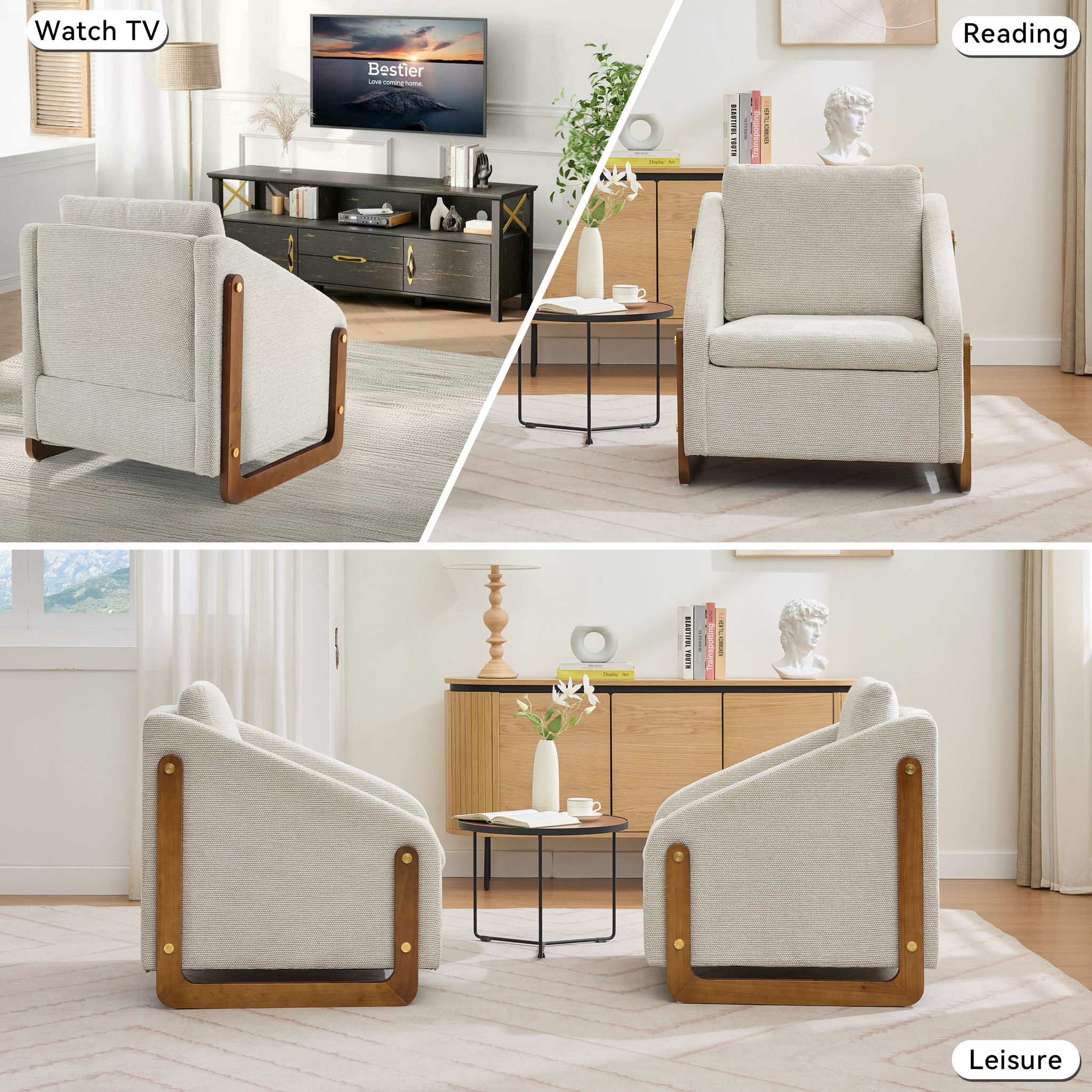Modern Chenille Upholstered Armchair With Wooden Side Frame