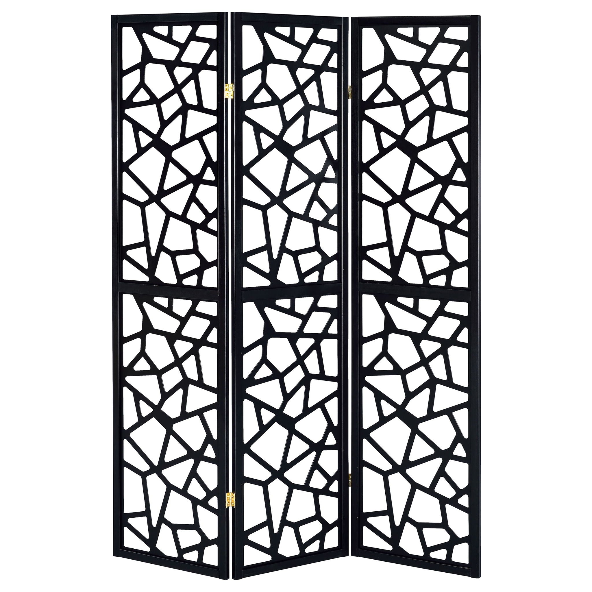 3 Panel Folding Screen With Mosaic Cutout Design - Black