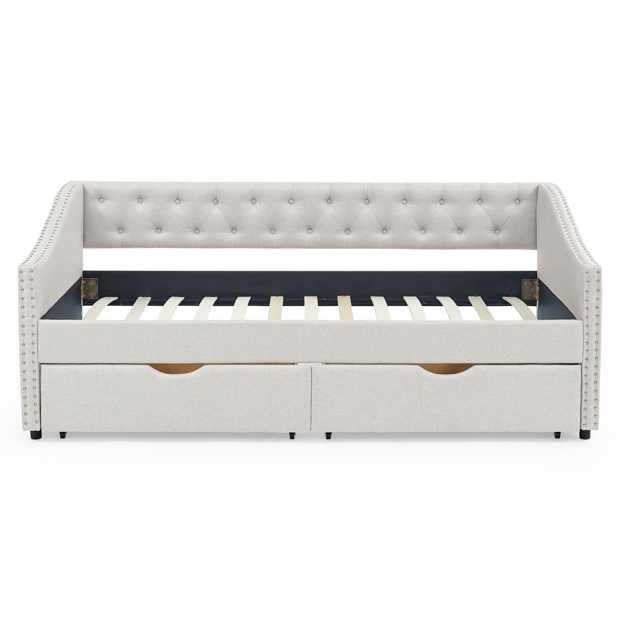 Upholstered Tufted Daybed With 2 Drawers, Waved Arms