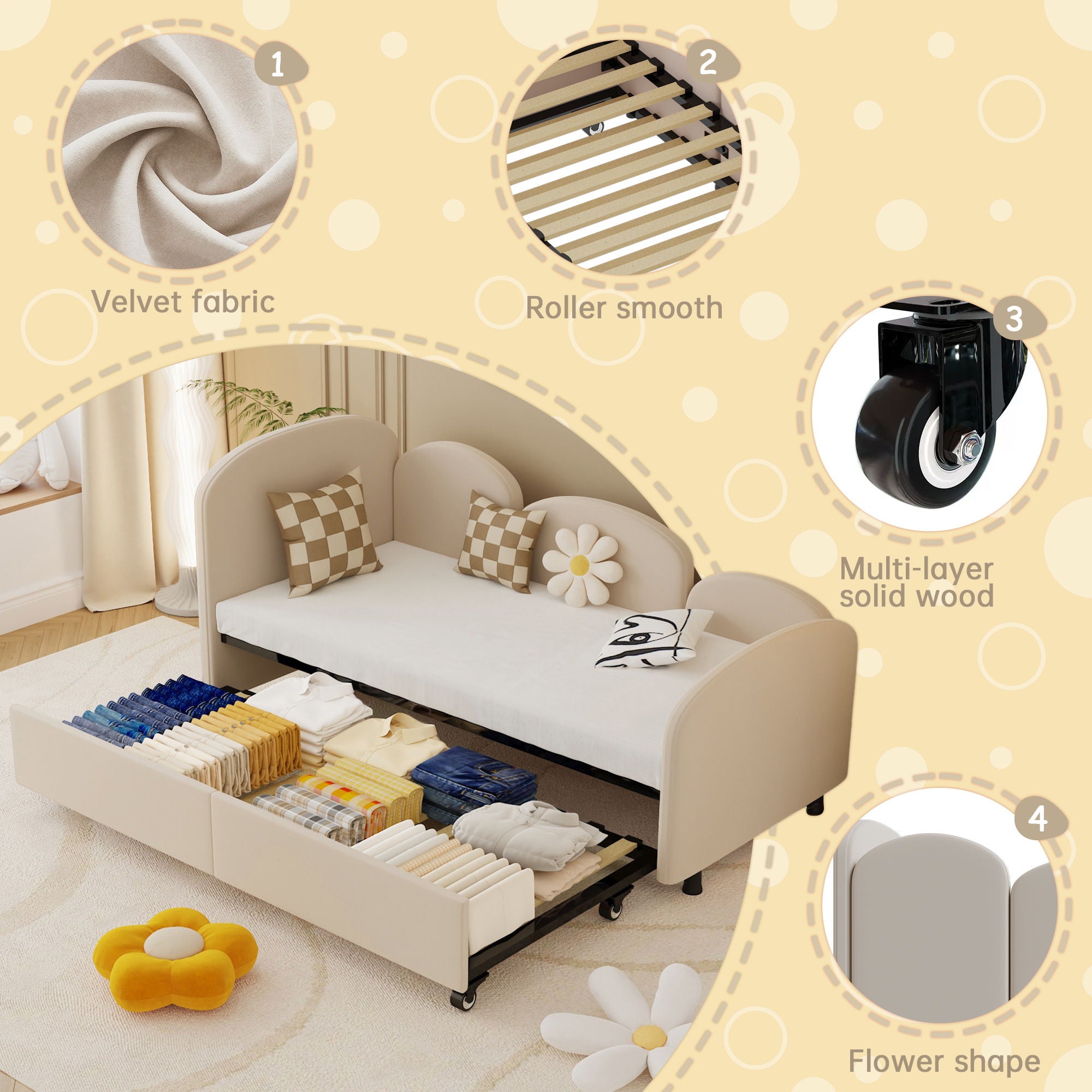 Modern Velvet Upholstered Daybed With Additional Bed Frame