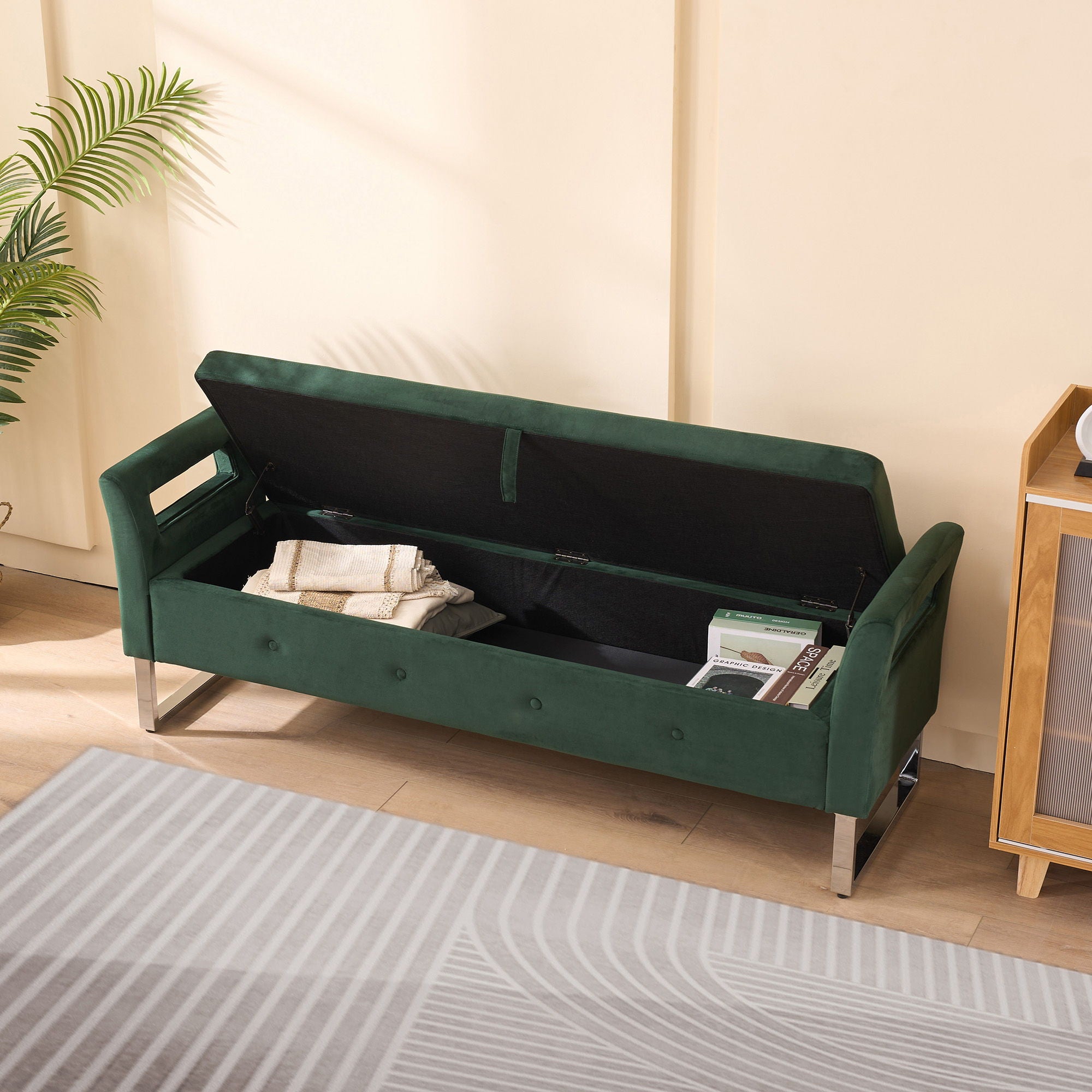 Wide Storage Soft Ottoman Bench With Armrests