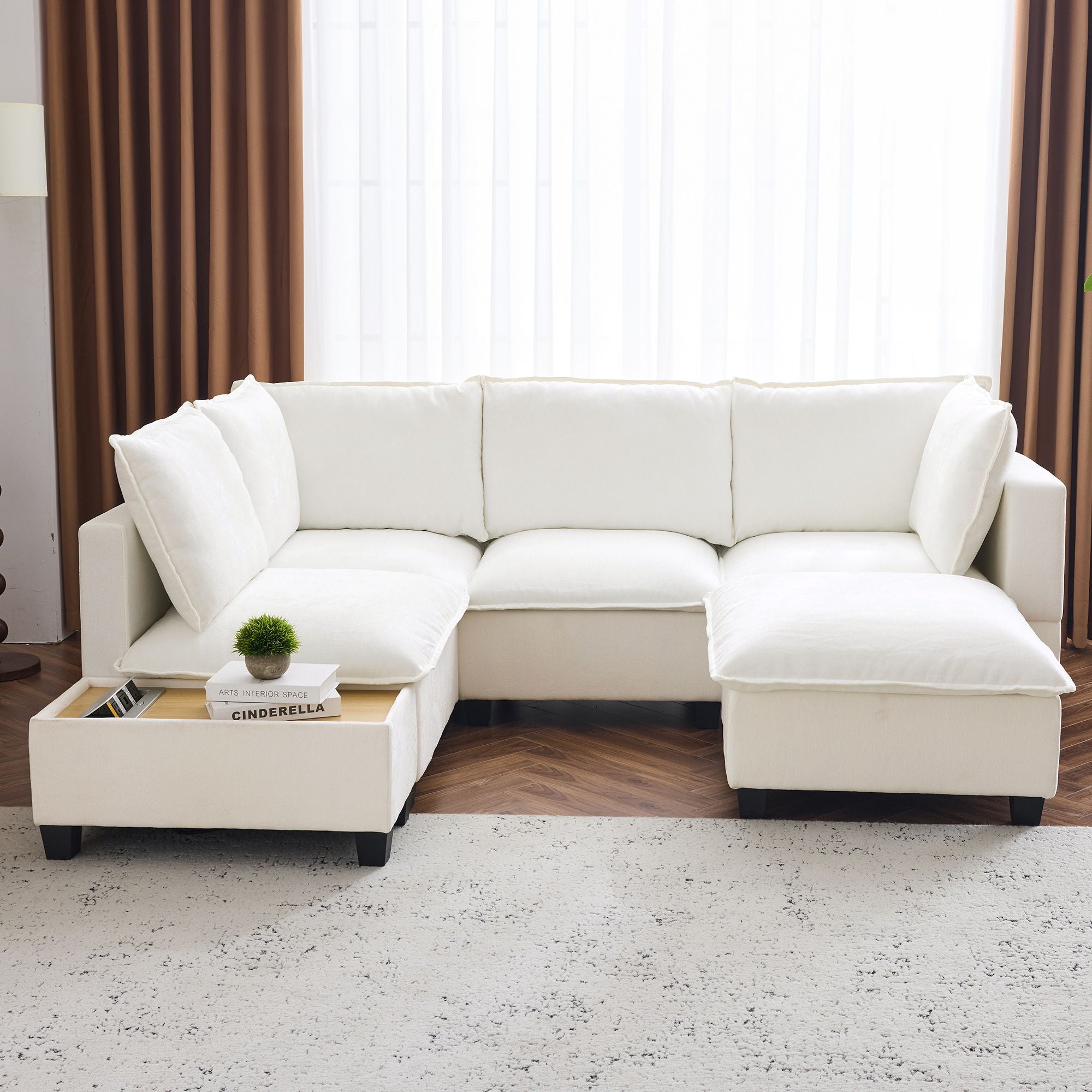 U-Shaped Sectional Modular Sofa With A Movable Ottoman, A Coffee Table With Hidden Charging Devices For Living Room