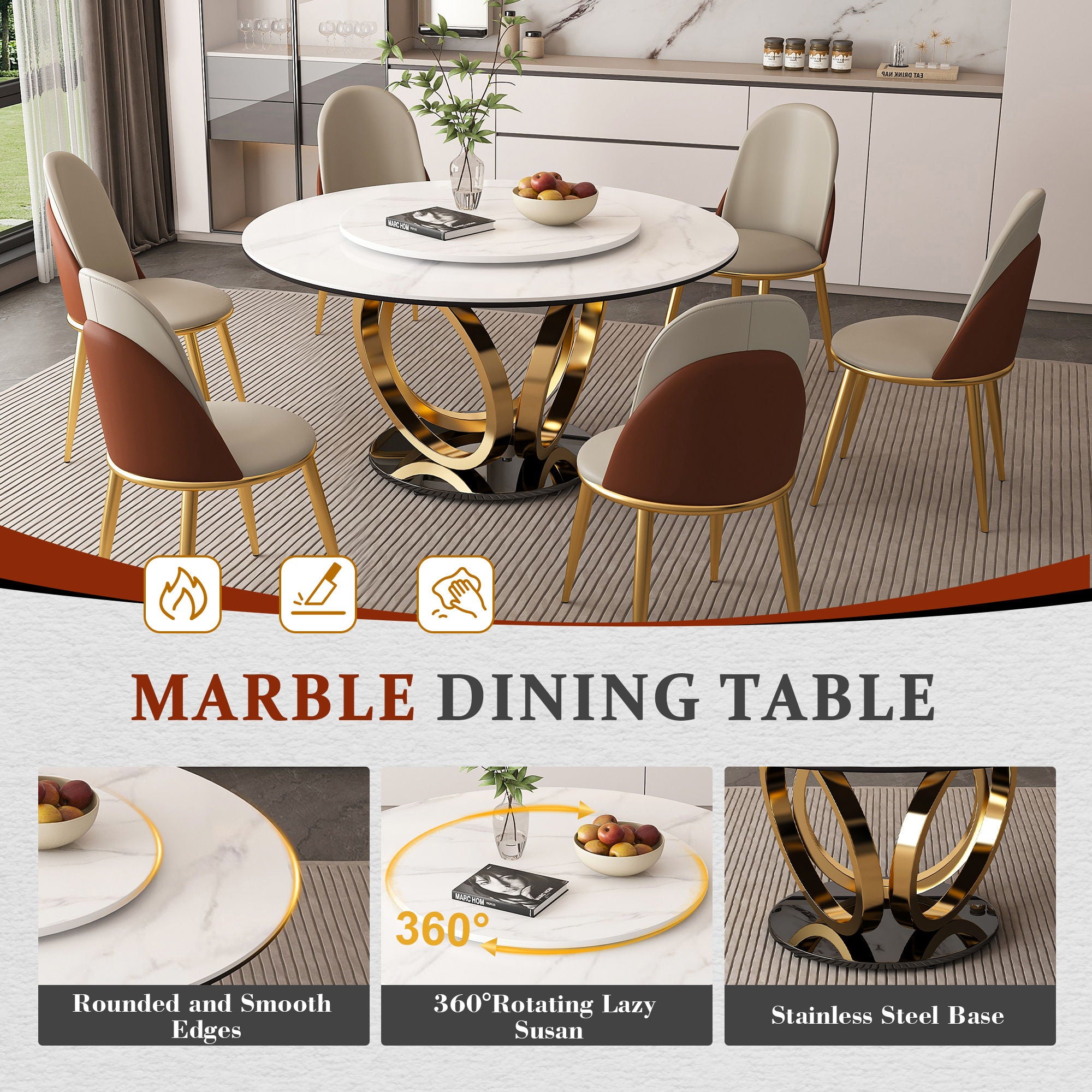 Round Dining Table With 360° Smooth Lazy Susan Stain / Heat - Gold / Black / White