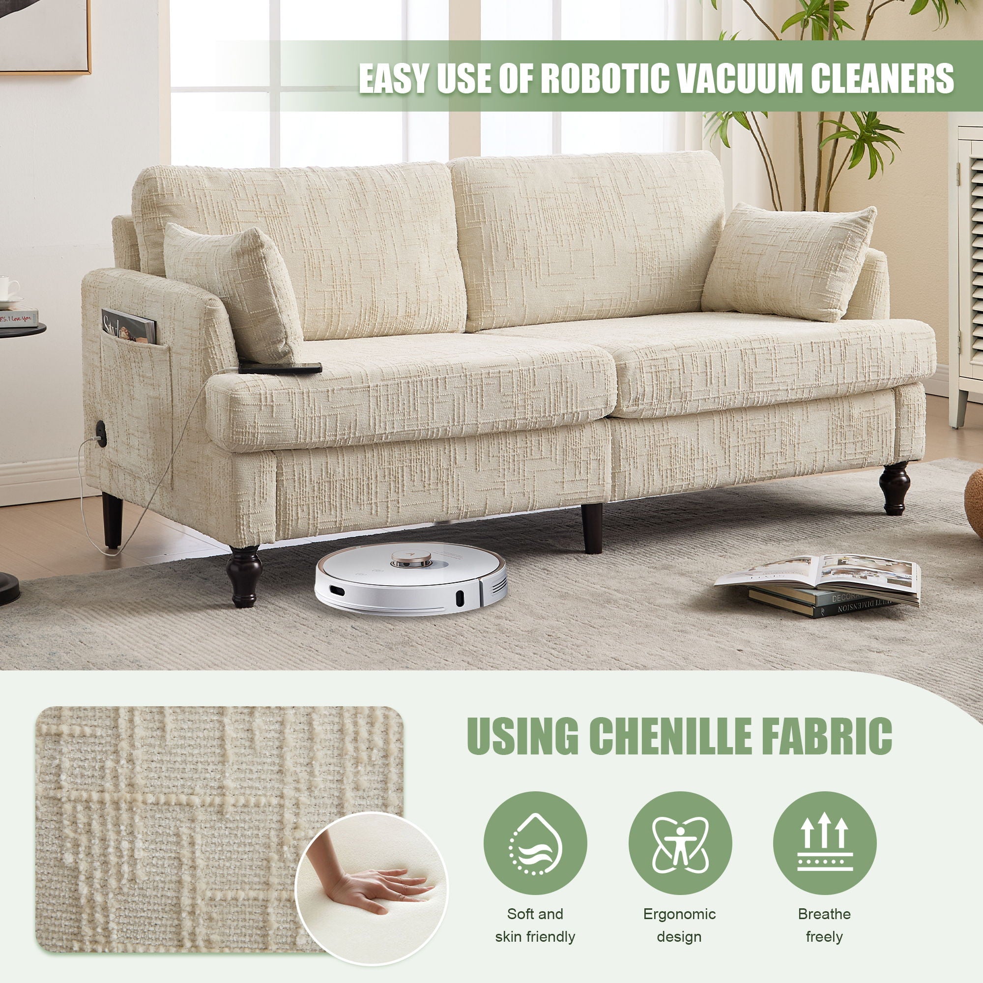 Chenille 2 Seater Sofa With LED Light, USB Charging Port, And Storage Bag