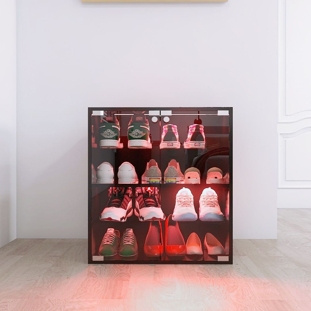 4 Layers Shoe Cabinet With Glass Door And Glass Layer Shoes Display Cabinet With LED Light Bluetooth Control - Black